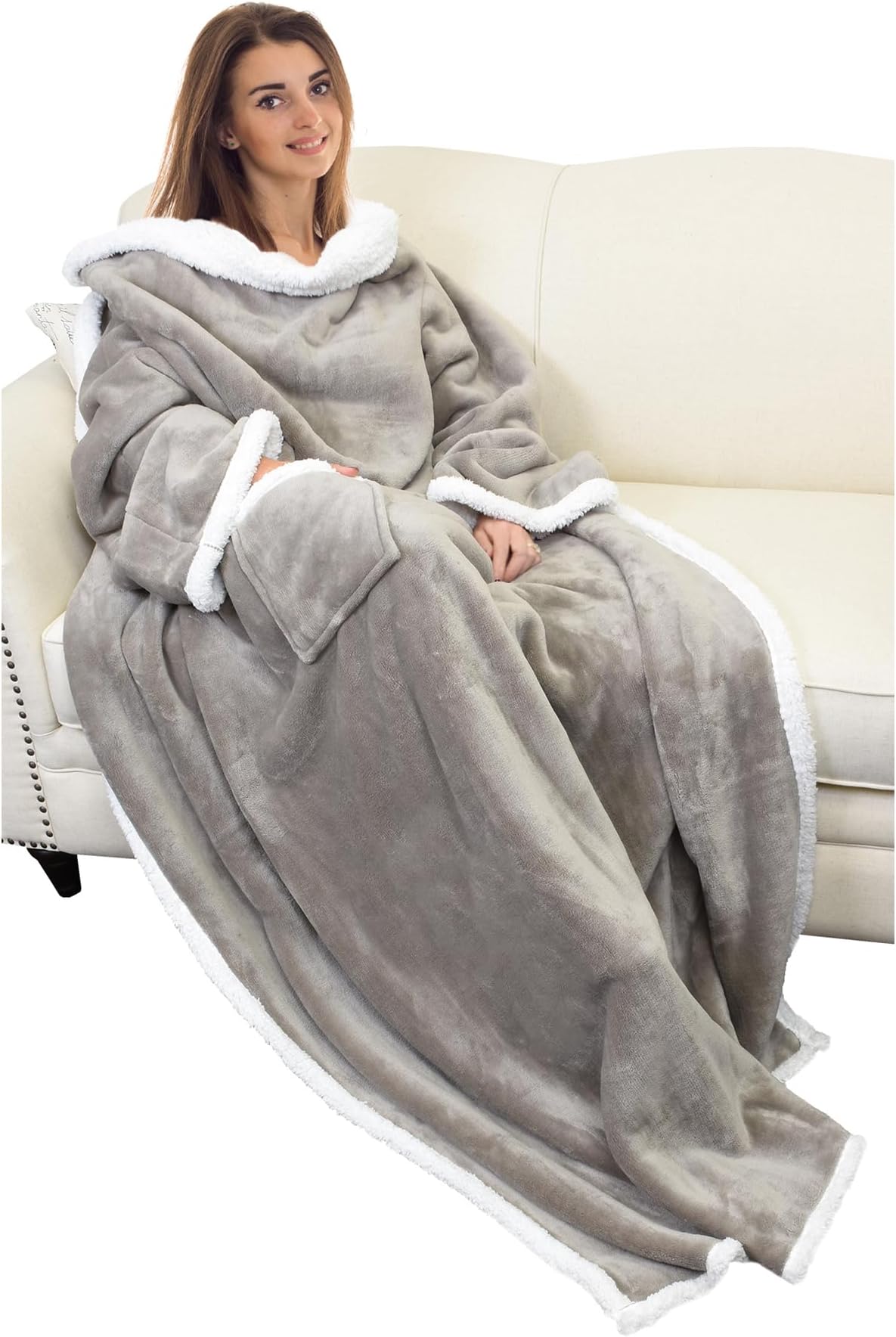 Catalonia Sherpa Wearable Blanket with Sleeves Arms,Super Soft Warm Comfy Large Fleece Plush Sleeved TV Throws Wrap Robe Blanket for Adult Women and Men