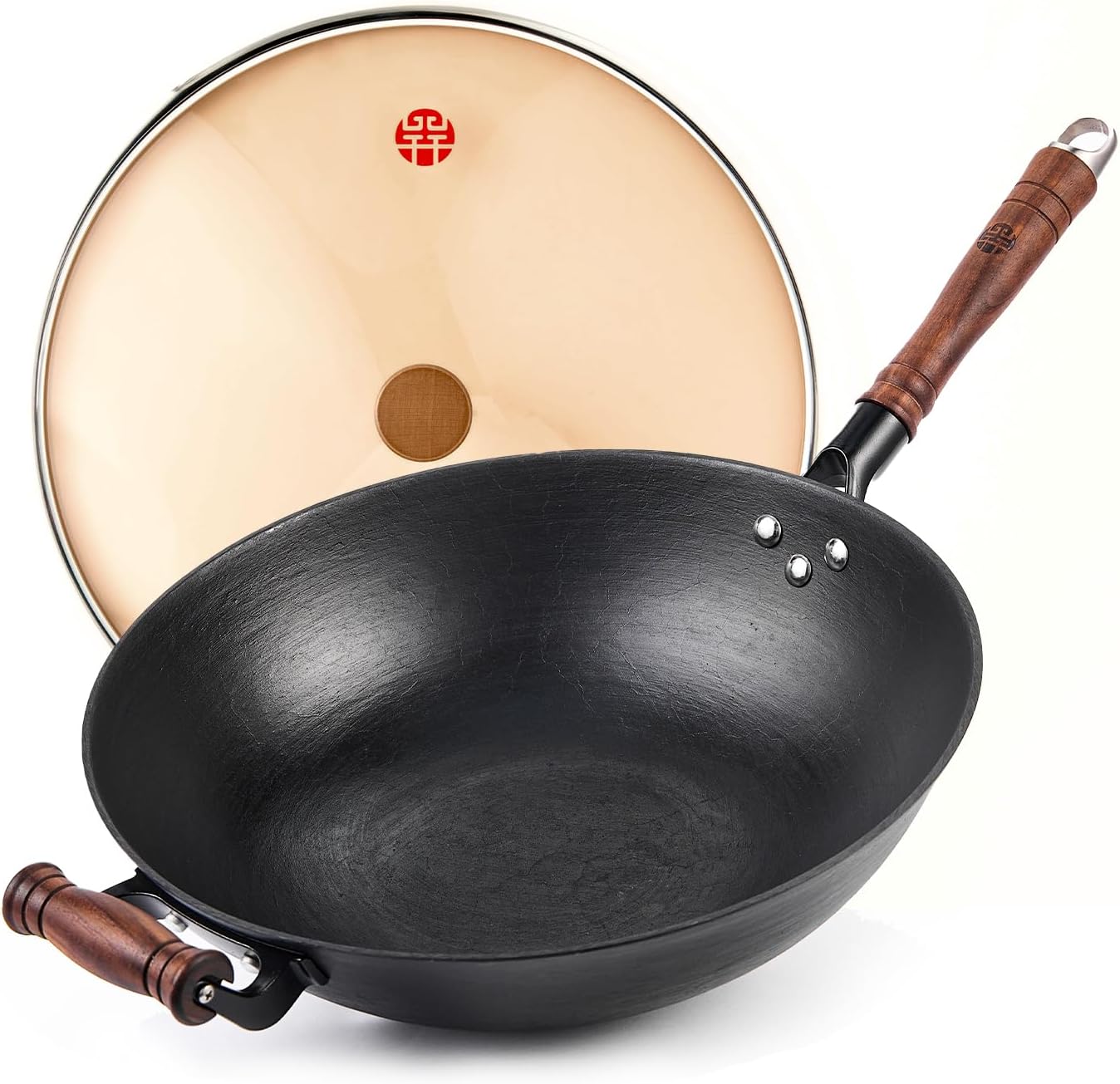 WANGYUANJI Cast Iron Wok,14.1'' Flat Bottom Wok with Glass Lid,Suitable for All Cooktops, Uncoated Craft Wok Healthy Cooking Wok