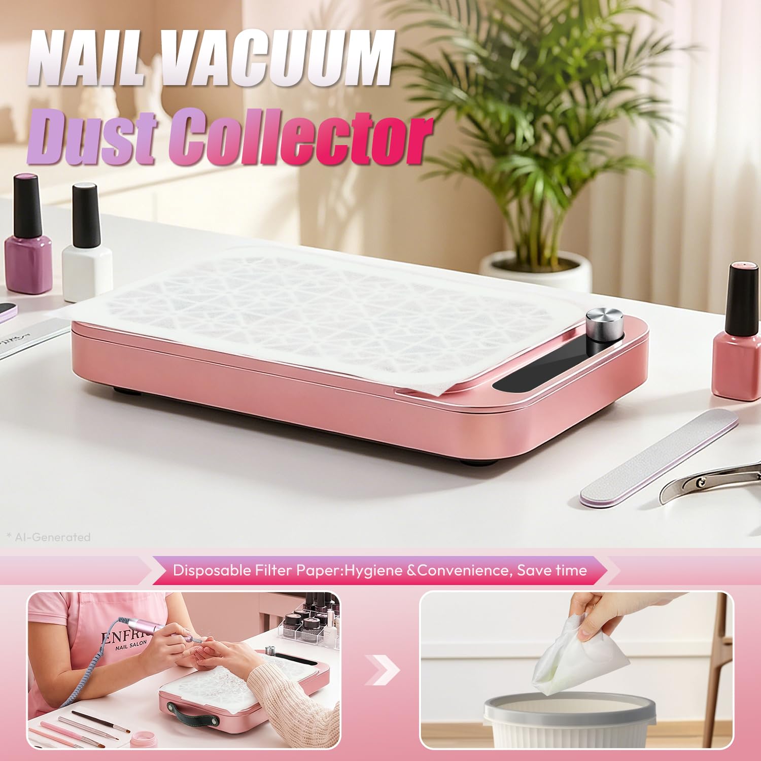 Colector de Polvo de Uñas, 2000PA Profesional Colector de Polvo de Tecnología Uñas con 45 Papeles de Filtro Desechables para Manicura en el Salón de Uñas y Casa Bricolaje, Rosa