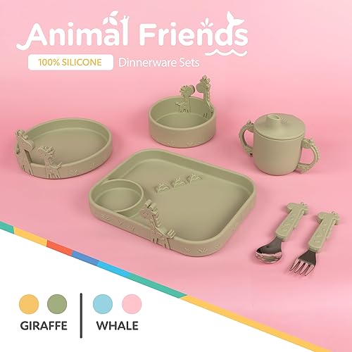 Miniatura 4 de Nuby Animal Friend - Plato redondo de silicona para niños pequeños a partir de 6 meses, placa de jirafa verde