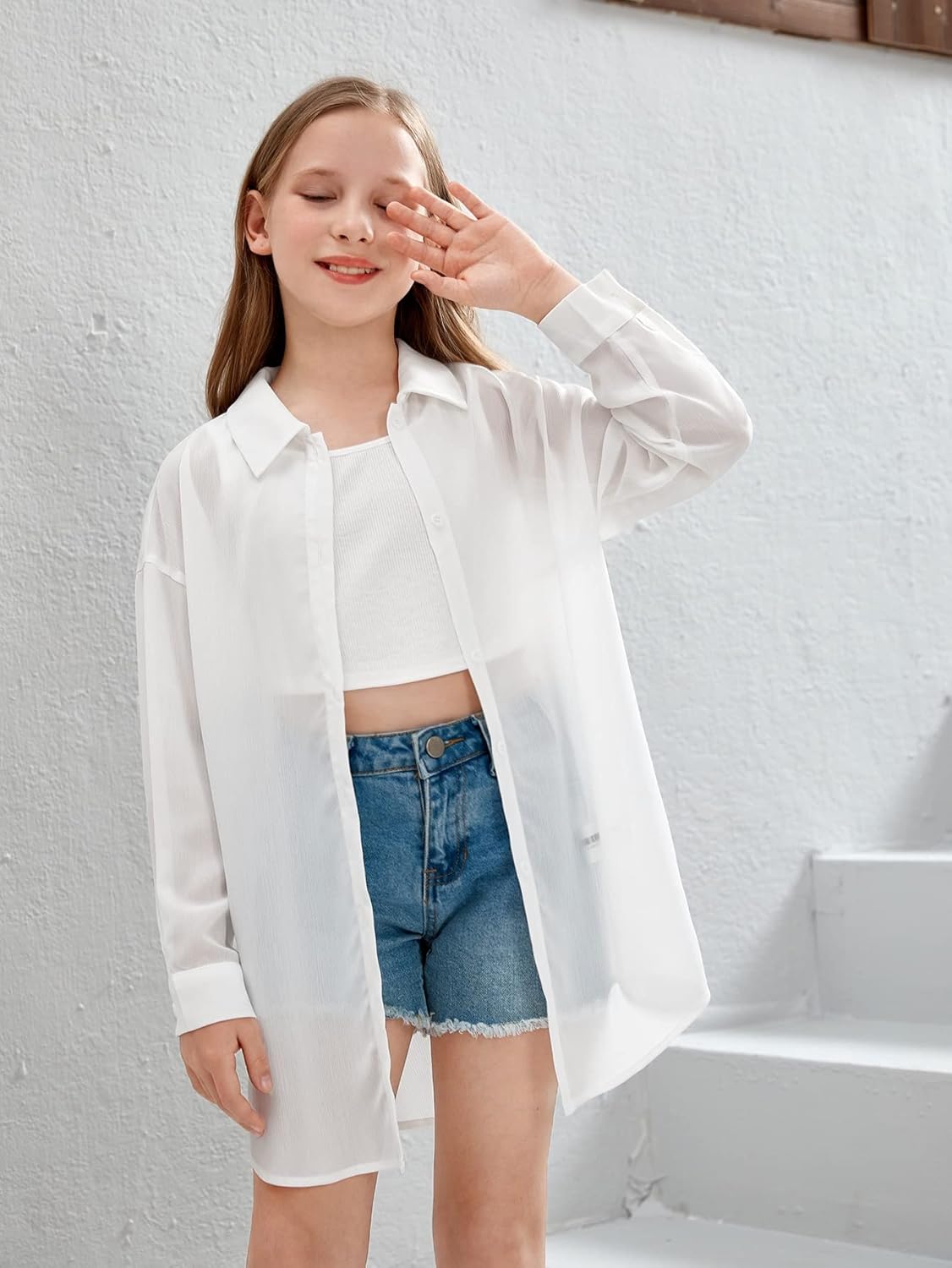 SweatyRocks Girl's Sheer Button Down Shirt Oversized Long Sleeve See Through Casual Blouse Tops - Image 4