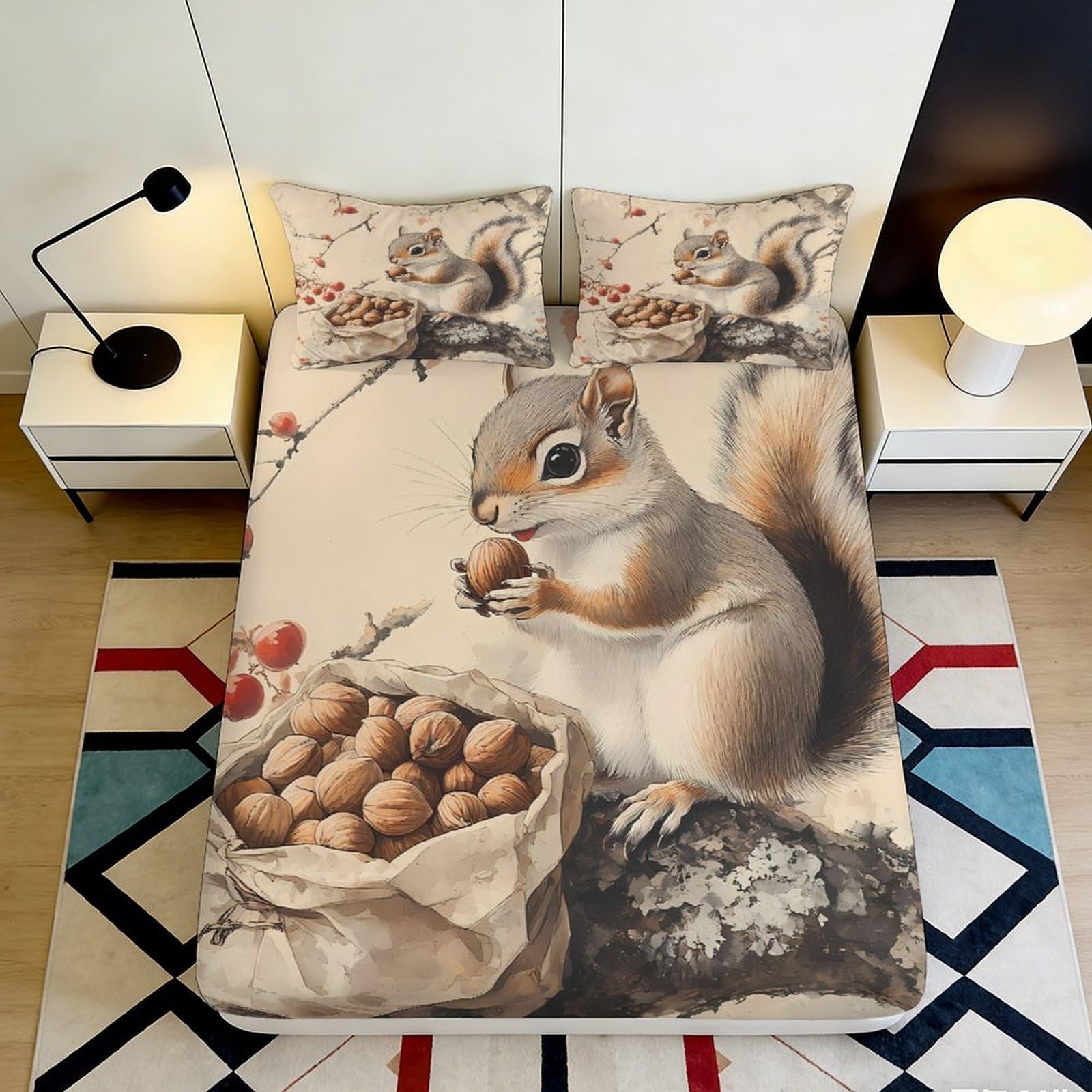 3D Printed Squirrel Harvest Fitted Sheet Microfiber Soft Autumn Forest Bed Cover for Bedroom Guest Room Decor 90x200x25cm