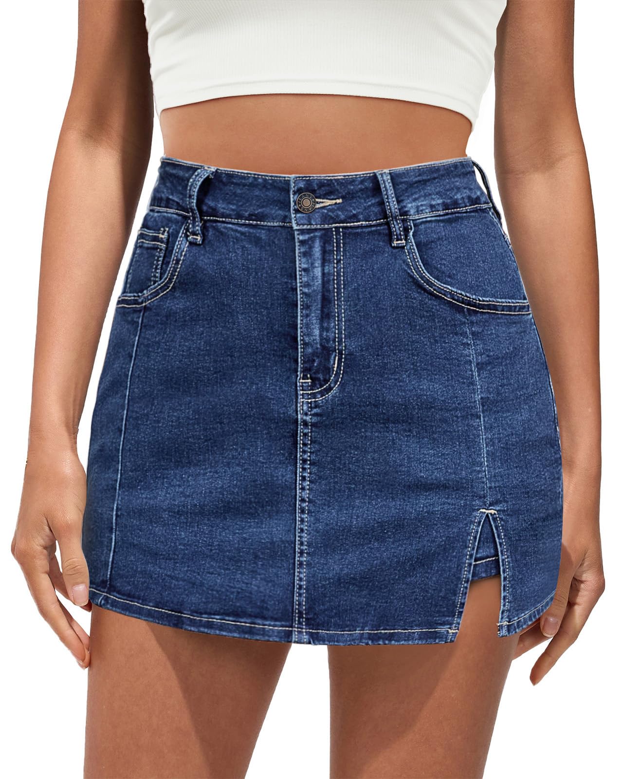 Vetinee Jean Skorts for Woman High Waisted Trendy Slit Y2K Shorts Skirts | Stretchy Denim Skirt with Shorts Underneath, 5 Functional Pockets, Casual Summer Skort, Country Concert Outfits for Women