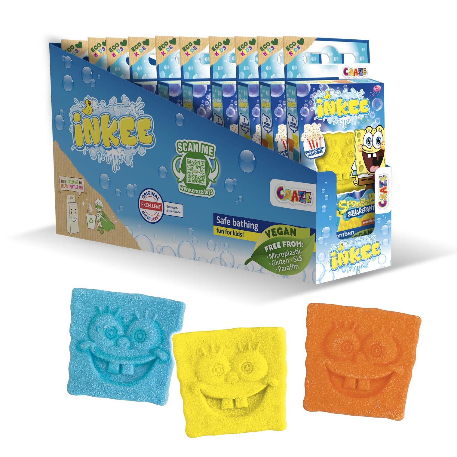 INKEE Spongebob Bath Bombs Kids Mini Pack XXL – 30er Pack Bath Bombs – Spongebob Squarepants Toy Surprise Collectible Figurines Included - with Fun Colours, Popcorn Scent & Almond Oil