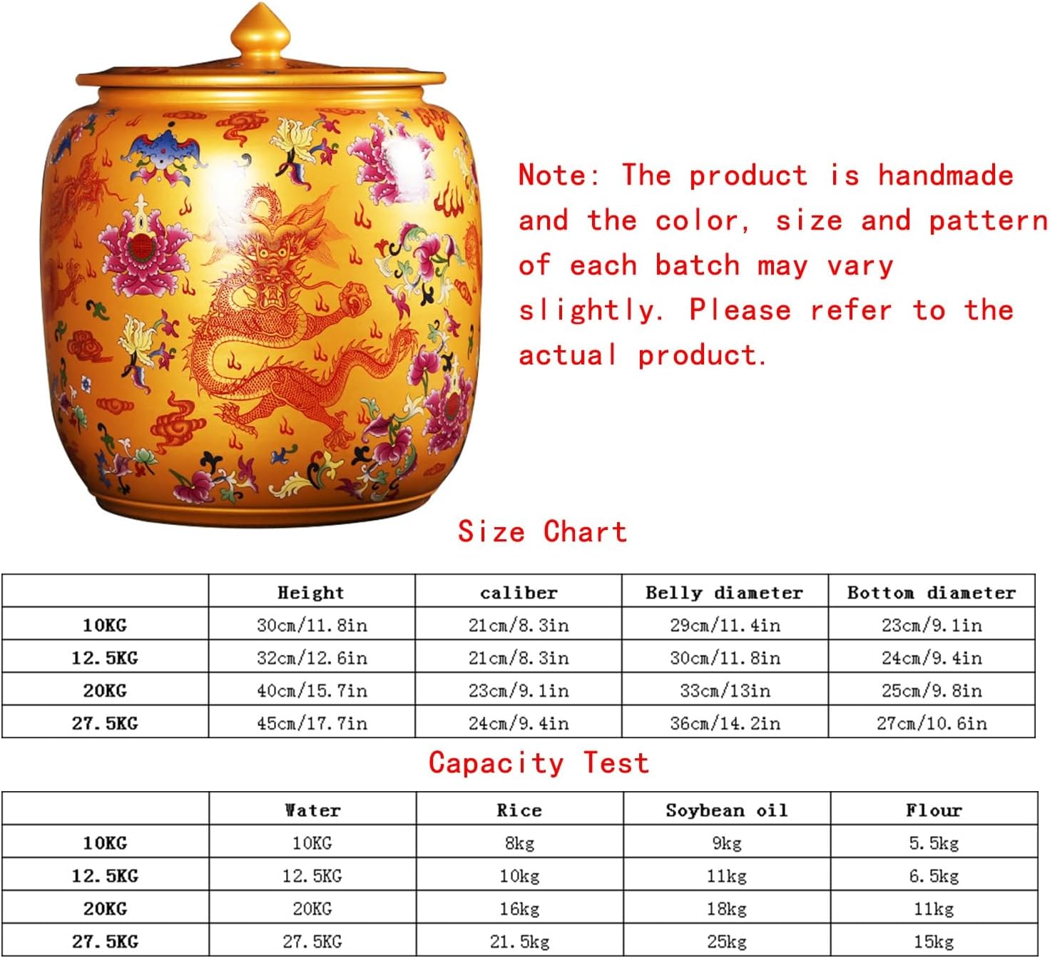 Rice Jar Ceramic, Ceramic Flour Storage Containers with Lids, Kitchen Grain Storage Tank, Grain Dispenser, China Storage Containers(A1,Capacity 12.5kg)