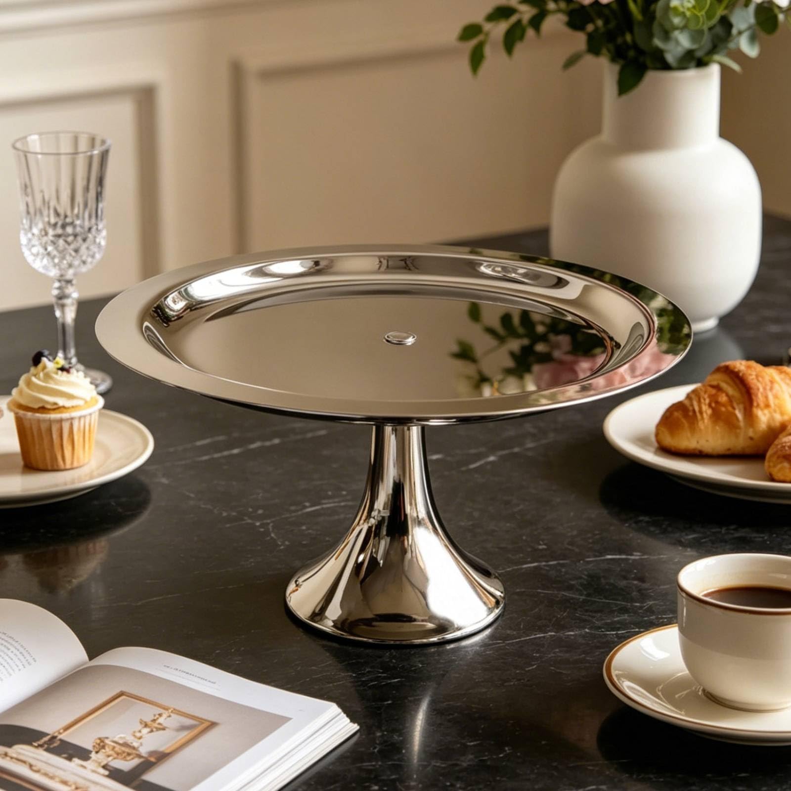 Alzata in Acciaio Inox Lucidato a Specchio Vassoio da Portata con Piede Elegante Piatto con Piede per Pasticceri, Pasticceria, Buffet, Matrimoni