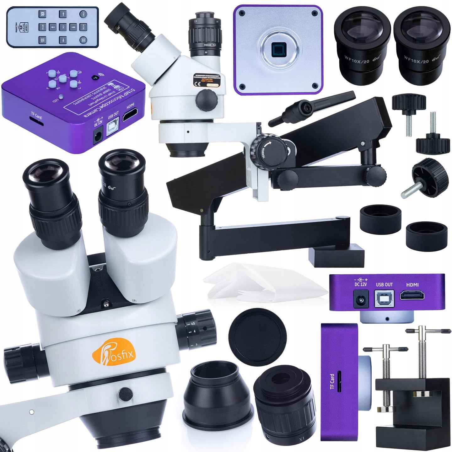 Rosfix Neptune Pro MSNP-T-WDMS1 - Microscopio estereoscópico trinocular con brazo y cámara HDMI/USB de 51 MP | Zoom 7 – 45x, focal simultáneo | Laboratorio, Industria, Formación