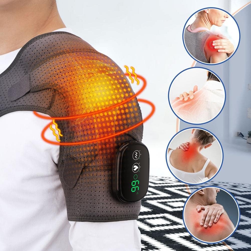 Massage Heating Shoulder Brace, Heating Pad with 3 Vibration Temperature Settings, Adjustable Bracket with LED Display