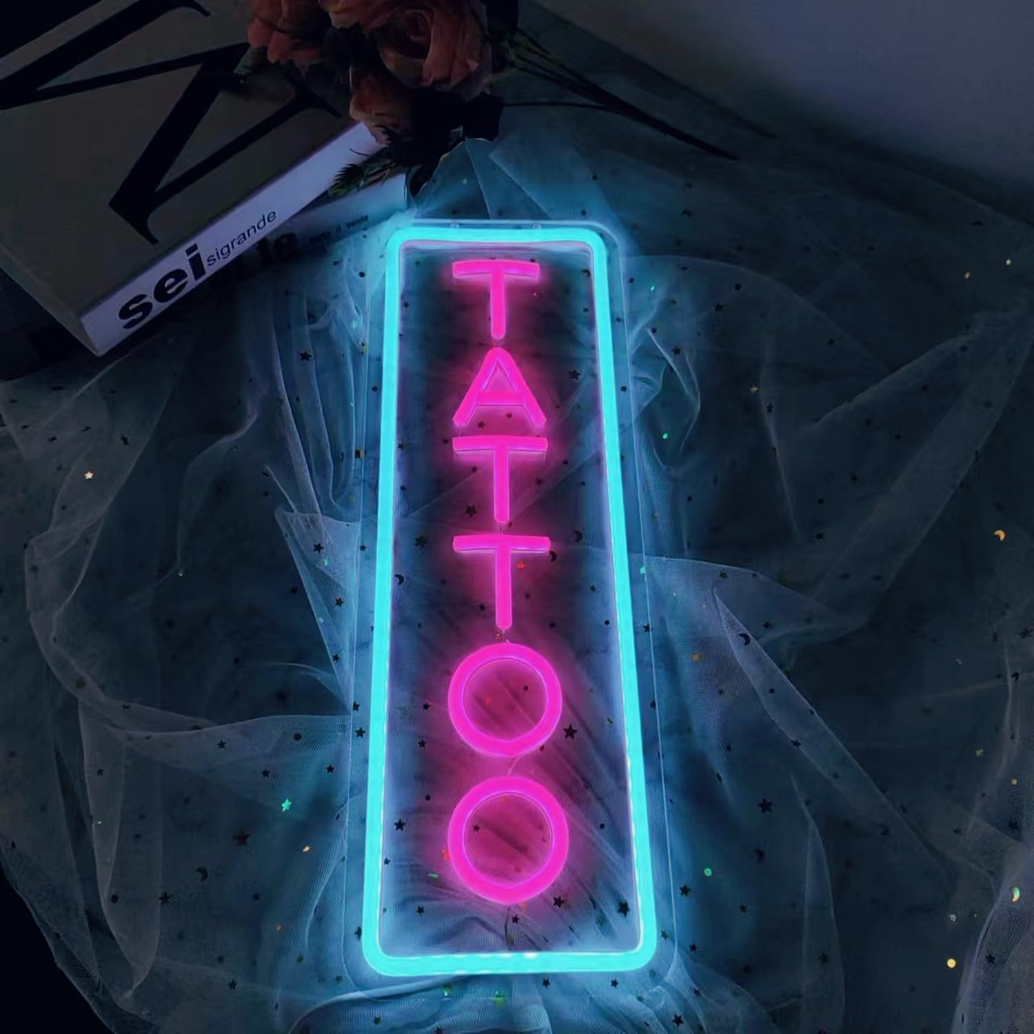 Dimmable Tattoo Neon Sign,LED Reusable Neon Signs,Arylic Ice Blue Tattoo Shop Sign with Dimmer for Tattoo Salon, Studio, Shop Plaque,Tattoo Gifts for Friends,16x5.9in(Ice Blue+Pink) - Image 4