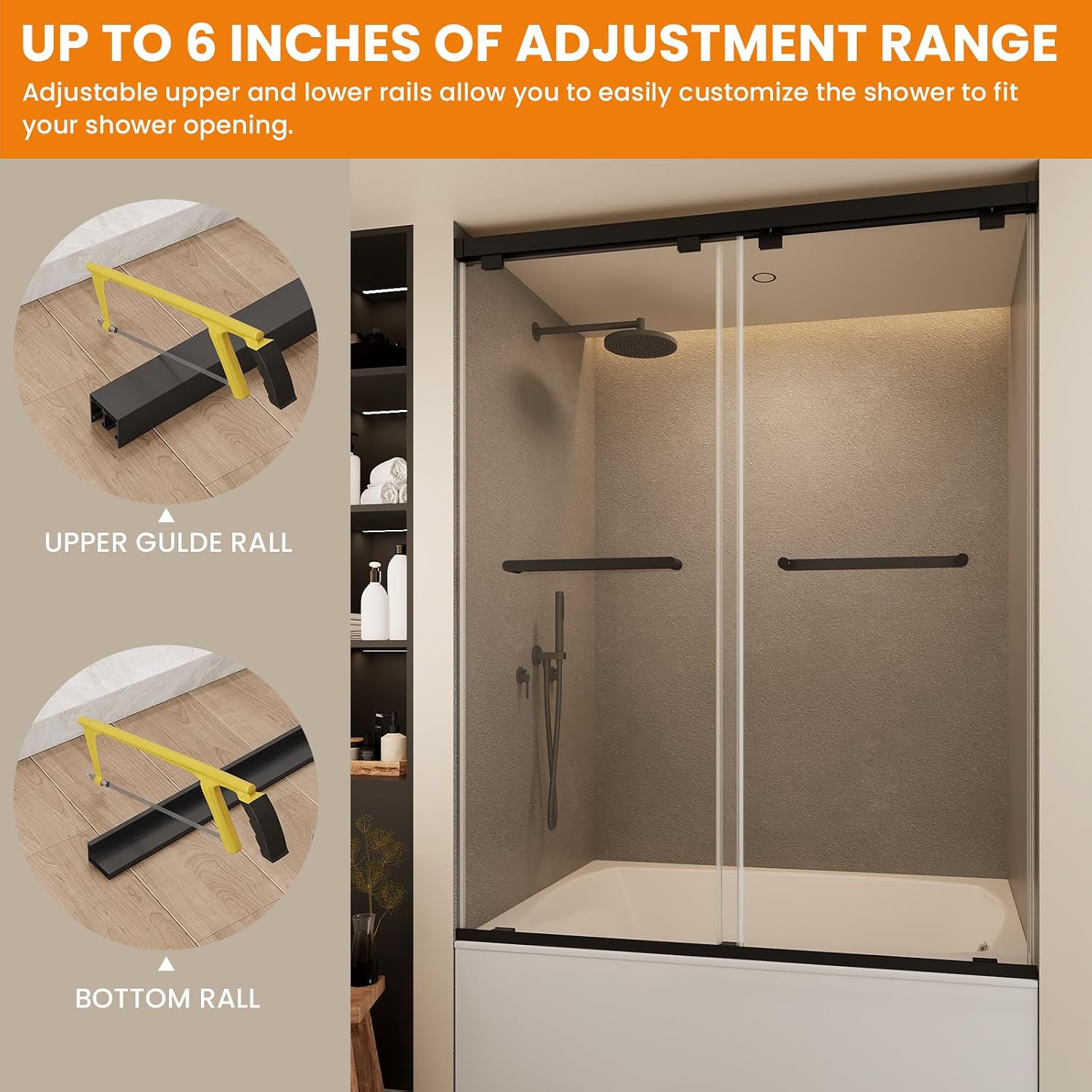 ROOMTEC Frameless Bathtub Shower Doors 54-60 W x 60 H, Double Sliding Tub Shower Door with Tempered Glass 5/16"(8mm), Duty Stainless Steel Hardwares, Matte Black