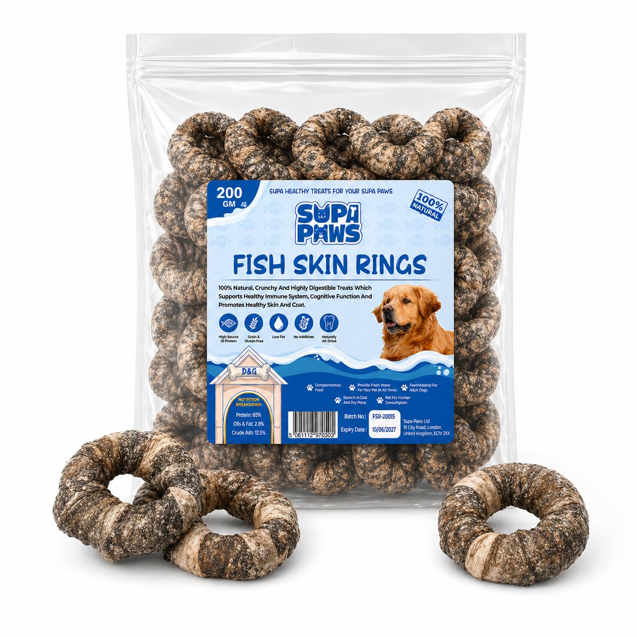 Supa Paws 200g Fish Skin Rings for Dogs 100% Natural White Fish Skin Jerky Rings Dog Treat, Hypoallergenic Dog Food & Grain Free Dog Chews, Dental Pet Treat, High Protein Dog Snacks
