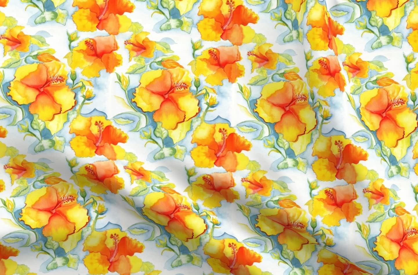 Spoonflower Fabric - Yellow Orange Hibiscus Watercolor Vibrant Tropical Colorful Floral Printed on Upholstery Velvet Fabric Fat Quarter - Upholstery Home Decor Bottomweight Apparel