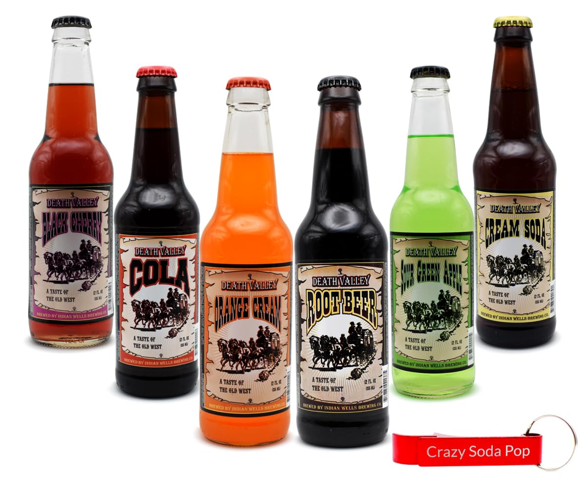 Generic Death Valley Soda | 6 Pack of Our Best Most Popular Soda Flavors | Delicious Flavored Soda Pop with Real Cane Sugar | 12 oz Glass Bottles in a Mixed 6 Pack Sampler with Crazy Soda Pop Bottle Opener