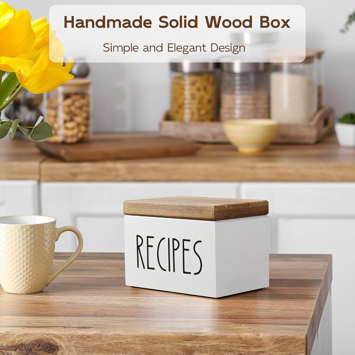 Recipe Box, Wood Recipe Card Box Set, Recipe Box with 100 Cards and 6 Dividers,4x6 Recipe Organizer, Recipe Card Holder, White