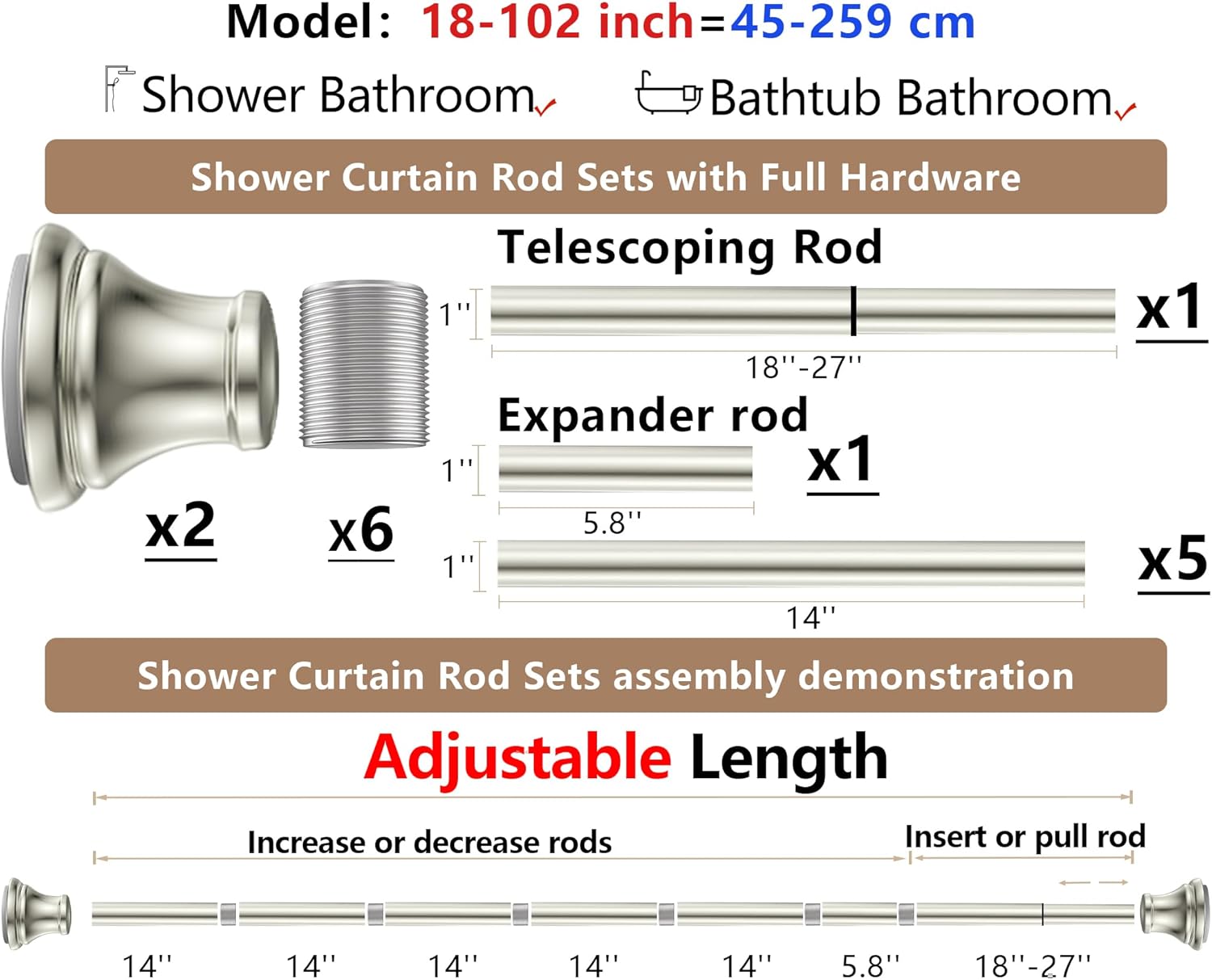 Brushed Nickel Tension Shower Curtain Rod – Adjustable 18-102 Inches, Fits 20-101 Inch Spaces, No Drill Rust Resistant Spring Rod for Bathroom, Kitchen, Bedroom, Balcony