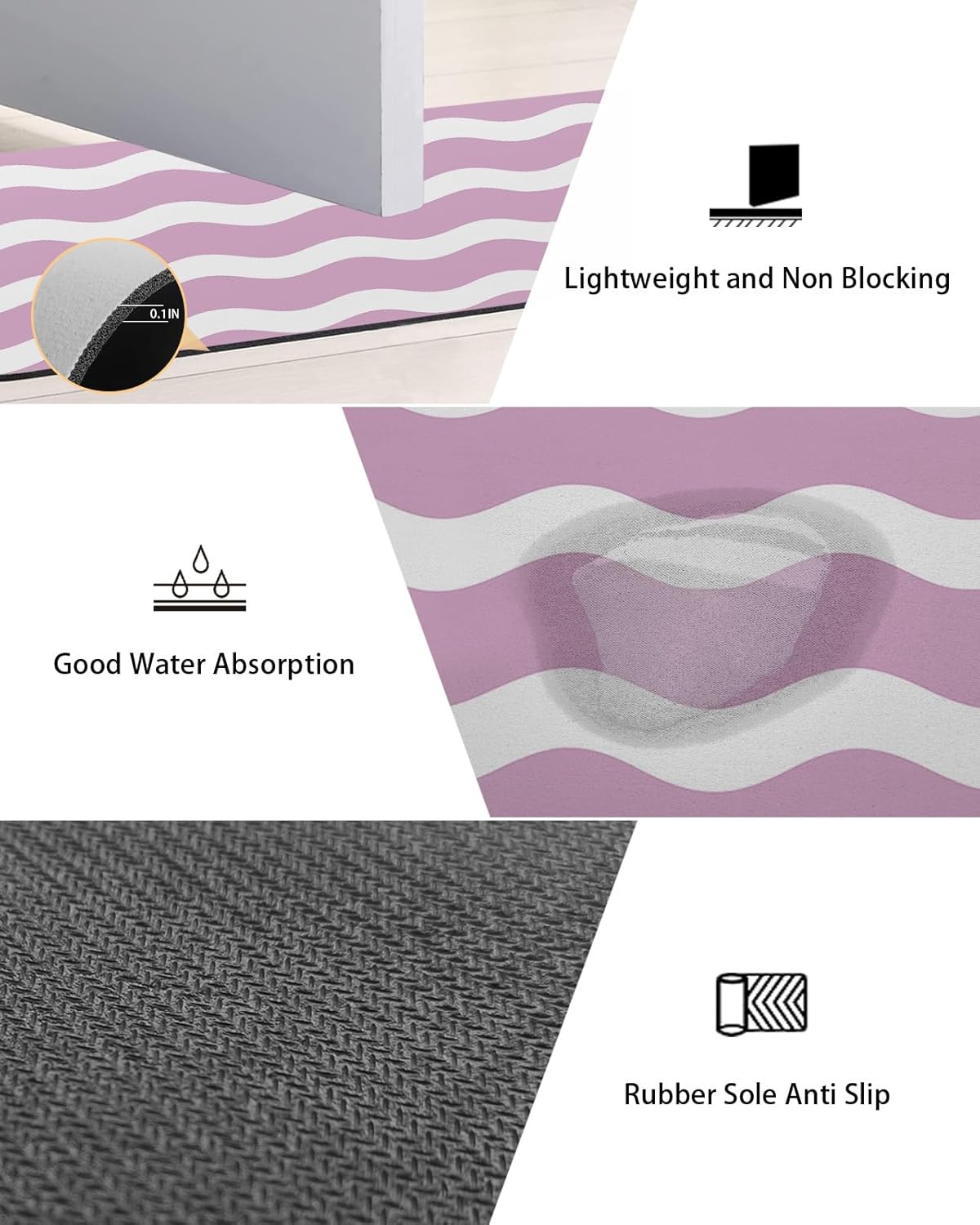 ALAGEO Pink and White Stripes Bath Mat Rug Quick Dry Absorbent Rubber Backed Bathroom Mat Sea Wave Bathroom Rugs Fit Under Door-Bath Mats Shower Rug for Bathroom Floor Mat in Front of Sink 20"x 32"