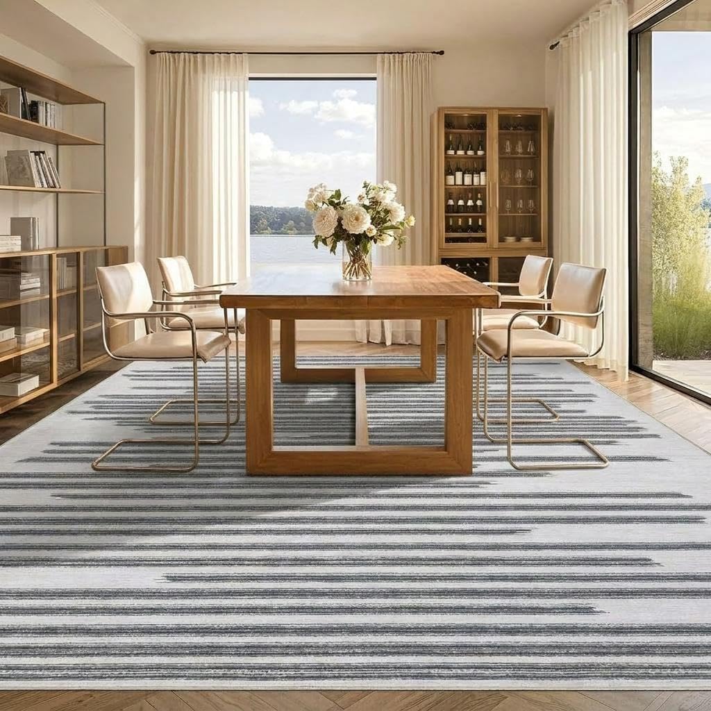 GarveeHome 10x13 Large Area Rugs for Living Room Home Office Modern Non Slip Low Pile Indoor Carpet Geometric Striped Living Room Dining Room Bedroom Kitchen Rug, Grey