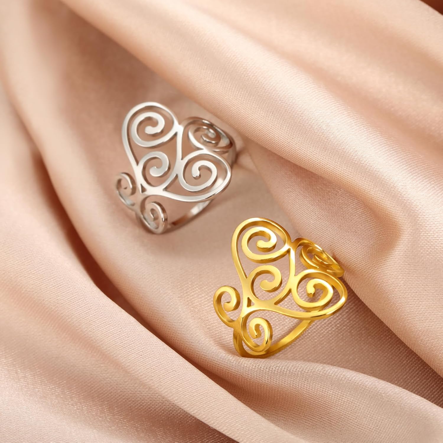 TEAMER Vintage Filigree Flower Ring Stainless Steel Elegant Flower Ring Wedding Band Ring for Women - Image 5