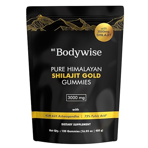 Be Bodywise Pure Himalayan Shilajit Gummies Gold I No Added Sugar I Ashwagandha, Gokshura| Fulvic Acid & 85+ Trace Minerals I for Men, Women I Non-GMO I 100% Natural & Organic I 120 Gummy I Pouch