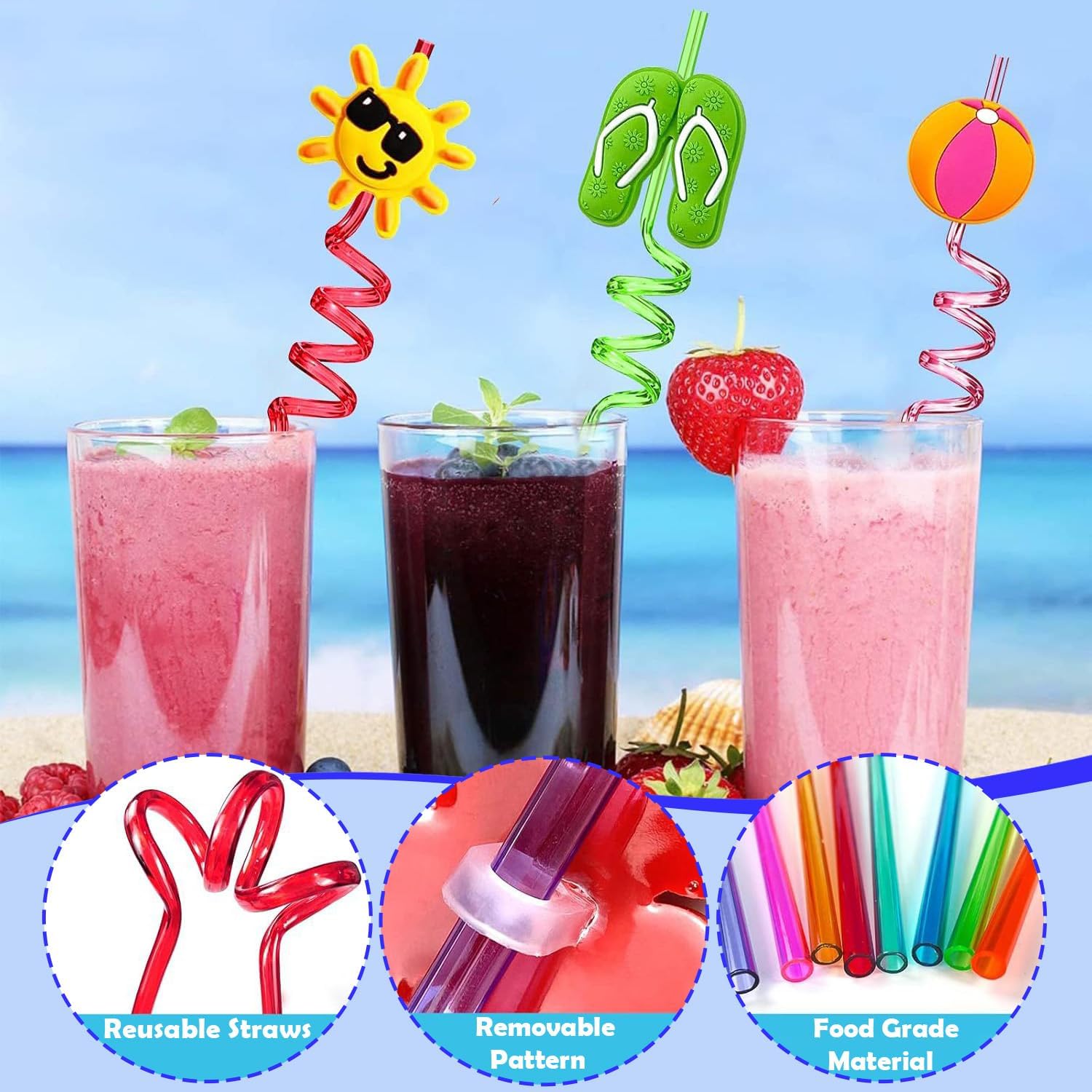 24PCS Beach Drinking Straws Reusable for Kids, Summer Pool Party Decorations Supplies Crazy Silly Straws Party Favors Hawaiian Birthday Goodie Bag Stuffers - Image 3