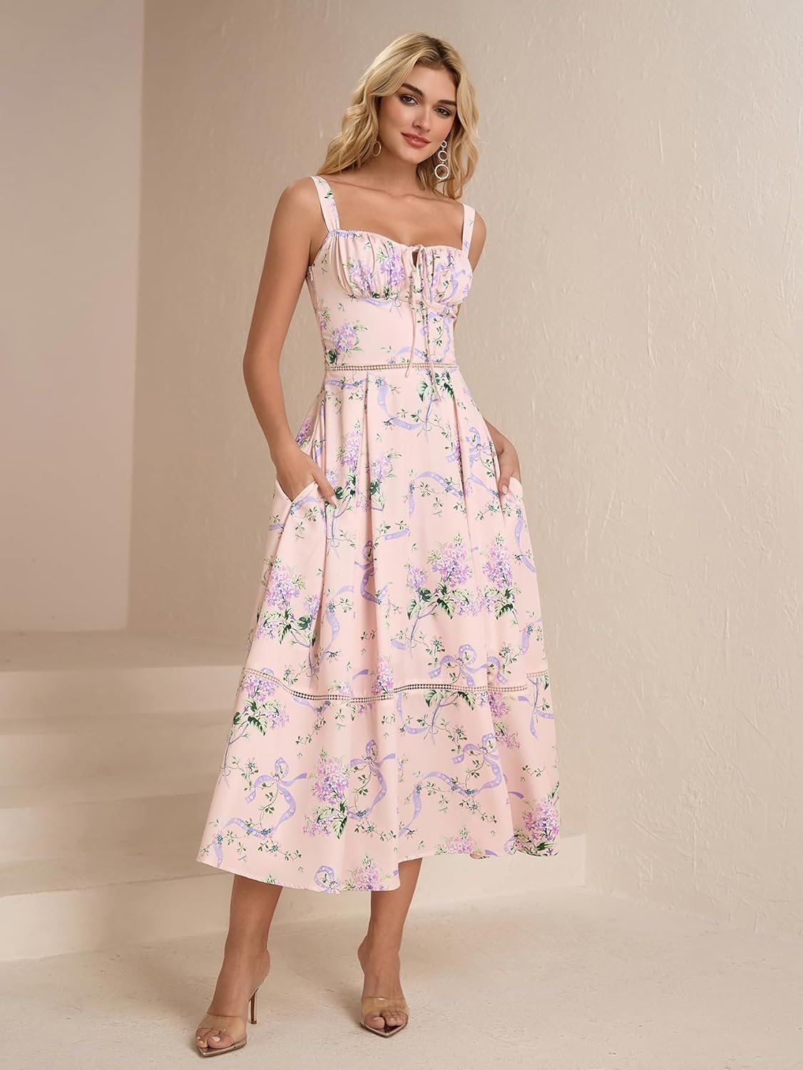 KUTUMAI Floral Corset Midi Dress Lace Up Cutout Flowy Summer Wedding Guest Dresses for Women Sundress with Pockets - Image 6