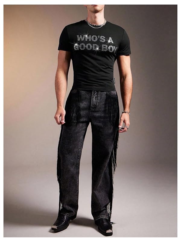 RoseSeek Men's Rhinestone Letter Y2K T Shirts Short Sleeve Fitted Tee Tops by RoseSeek - Used condition - Image 5