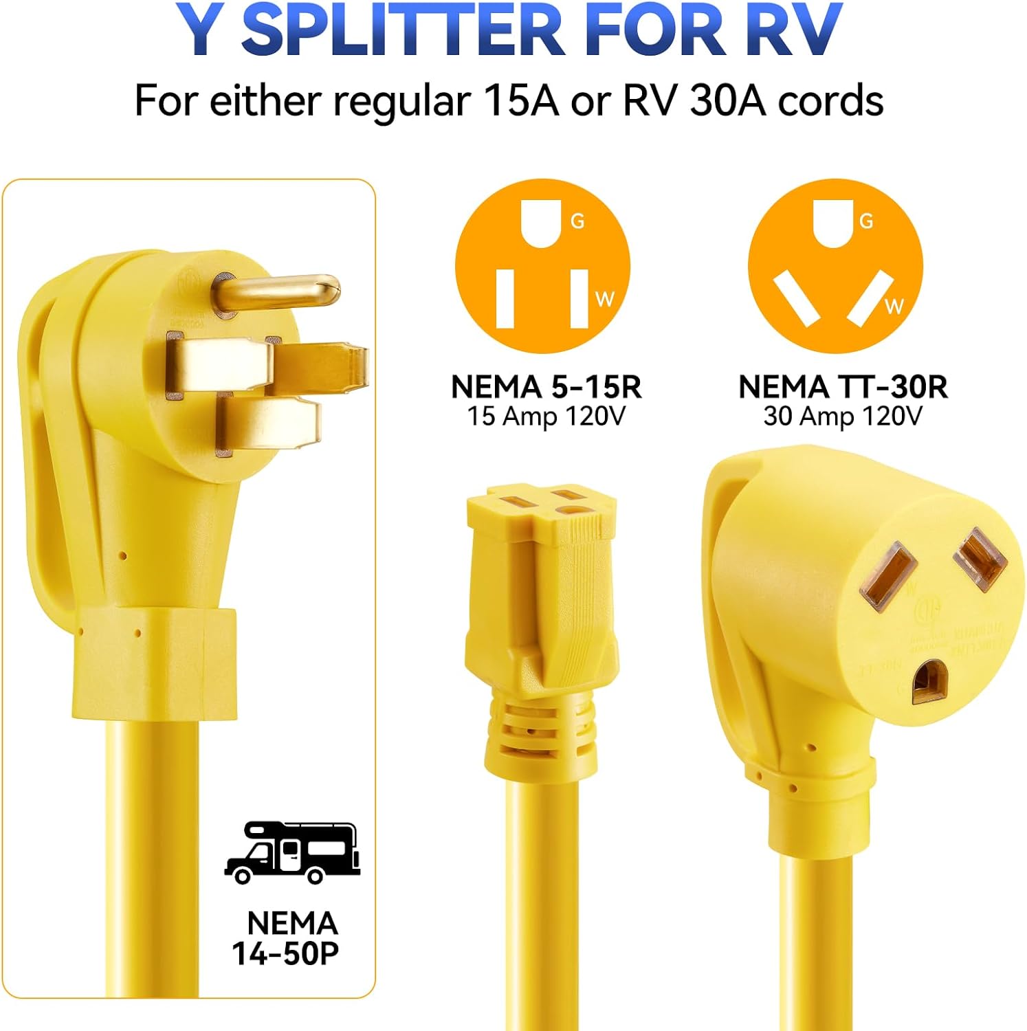 50 Amp to 30 Amp and 15Amp RV Adapter Cord, NEMA 14-50P to TT-30R & 5-15R, 12 Inch Heavy-Duty STW Power 50Amp Y Splitter for RV Camping, Travel Trailer, Motorhome