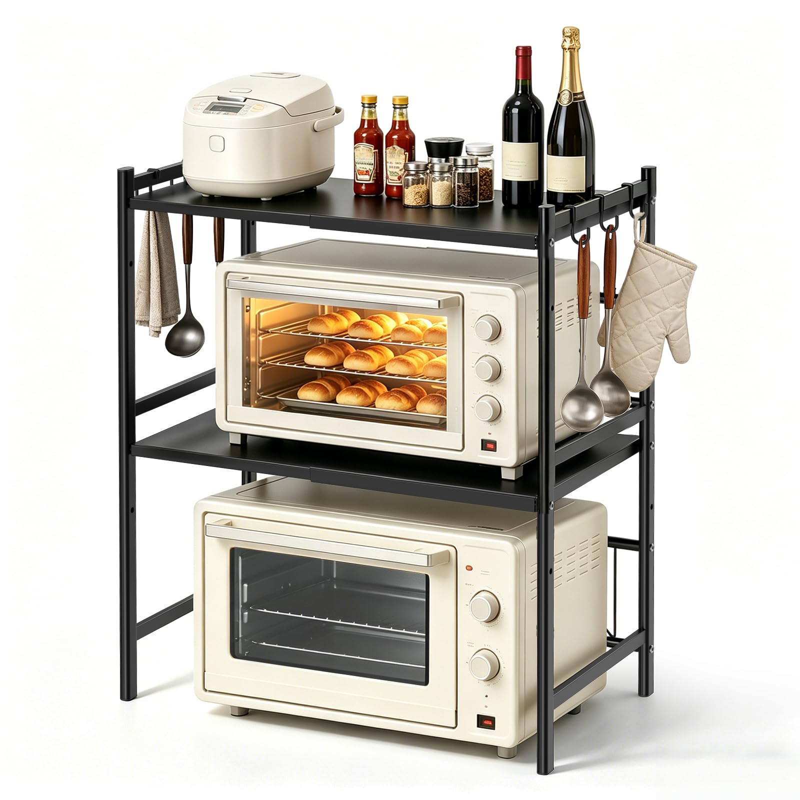 Rhyvorax Expandable Microwave Shelf, 3-Tier Carbon Steel Adjustable Microwave Stand with 6 Hooks, Kitchen Countertop Organizer for Oven, Coffee Maker, Toaster, and Utensils