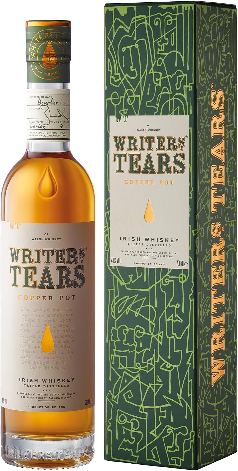 Writers Tears Copper Pot Irish Whiskey - Single Pot Still and Single Malt Blend - Triple Distilled, Non-Peated - Aged in Flame Charred Bourbon Oak Barrels - 70 cl / 700 ml, 40 Percent ABV