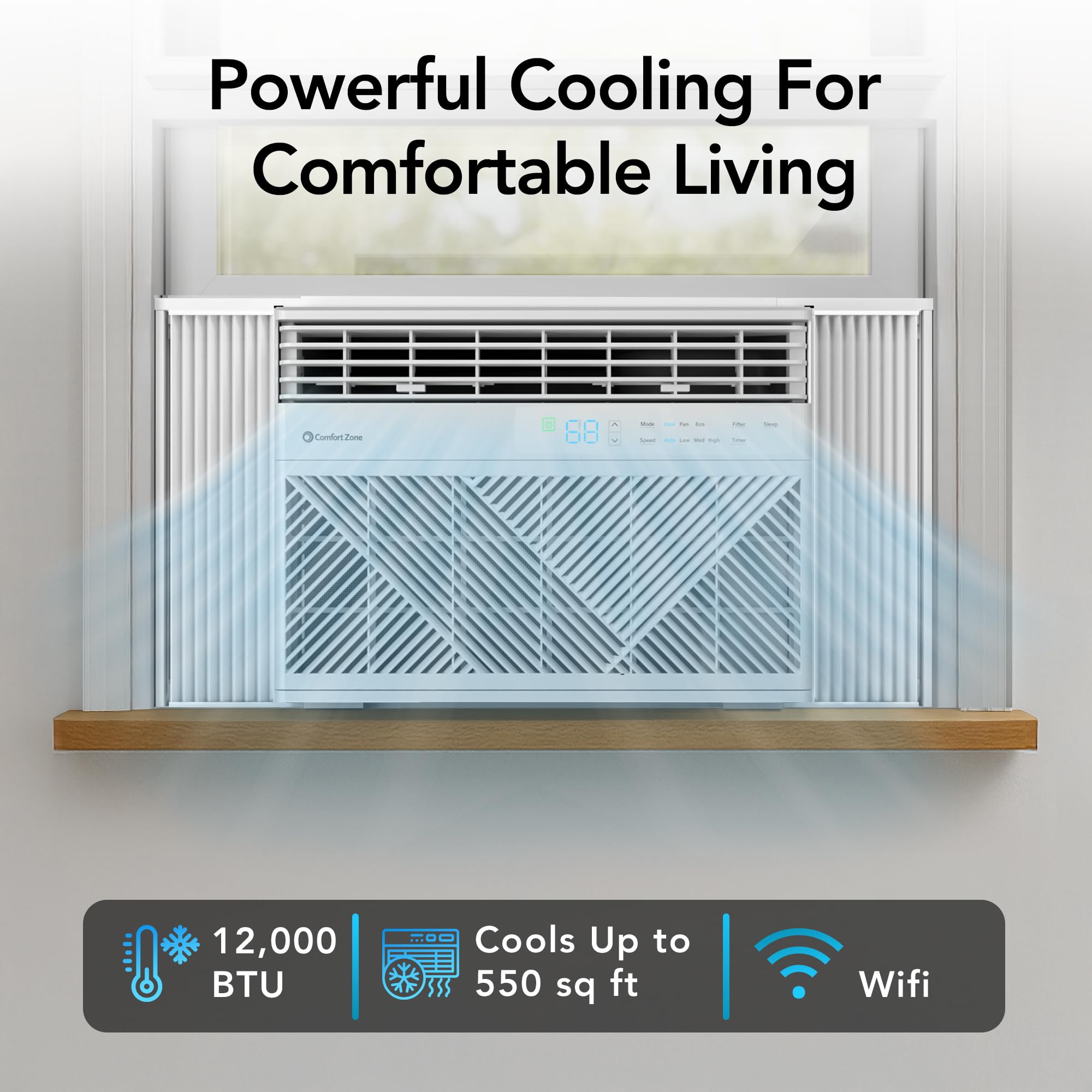 Condition photo showing New/Like New for comfort zone window mounted smart wi-fi room air conditioner with remote control, 12,000 btu, digital display, 4 speed settings, 4 mode settings, 24-hour timer, sleep setting, and eco mode, white