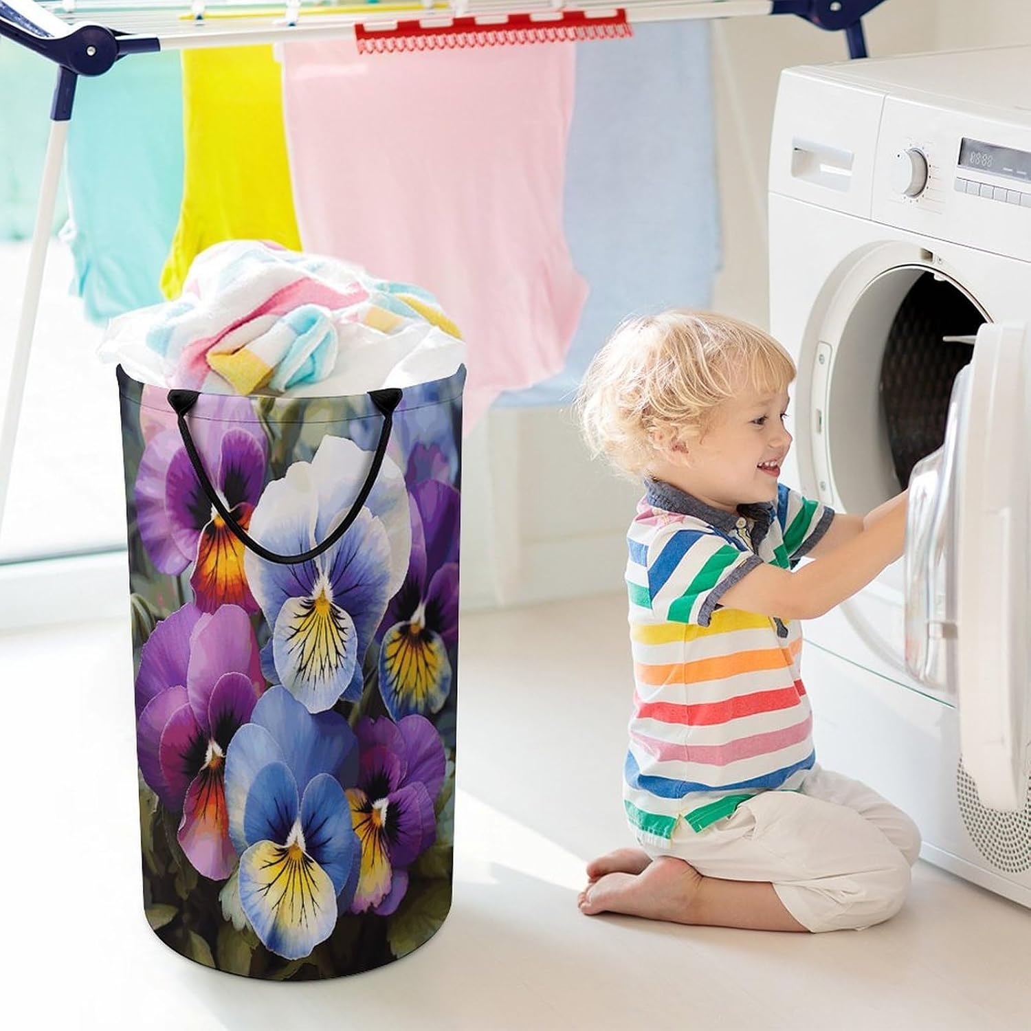 Large Laundry Basket Collapsible Dirty Clothes Basket with Carry Handles Portable Waterproof Freestanding Pansy Perfection Laundry Hamper for Bathroom Bedroom Laundryroom Dorms 86L