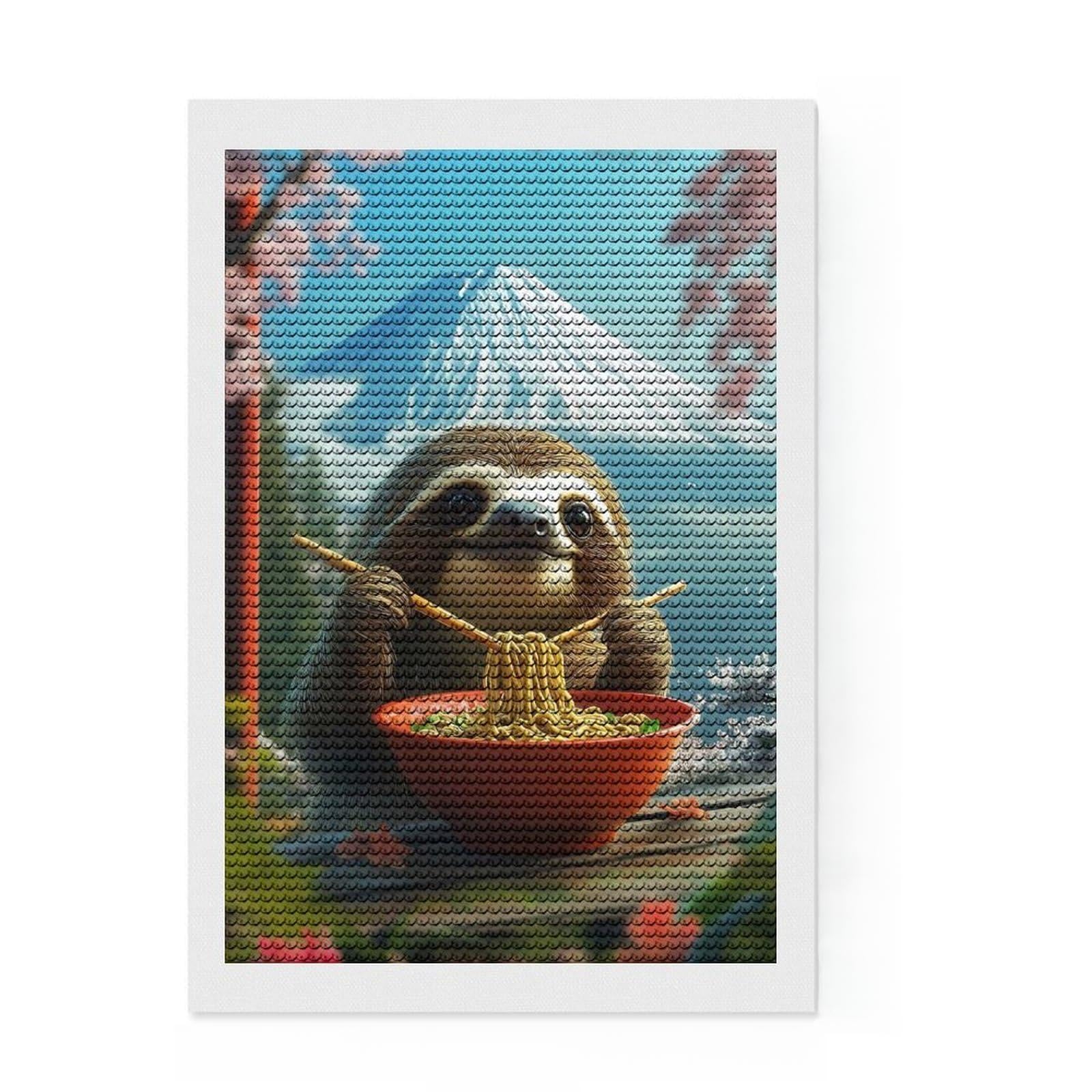 Junmoney Sloth Eating Ramen in Japan Mt. Fuji Diamond Painting Set 8"x12", Festive Craft Gift, for Beginners, Full Kit Included, Vintage Style Decor