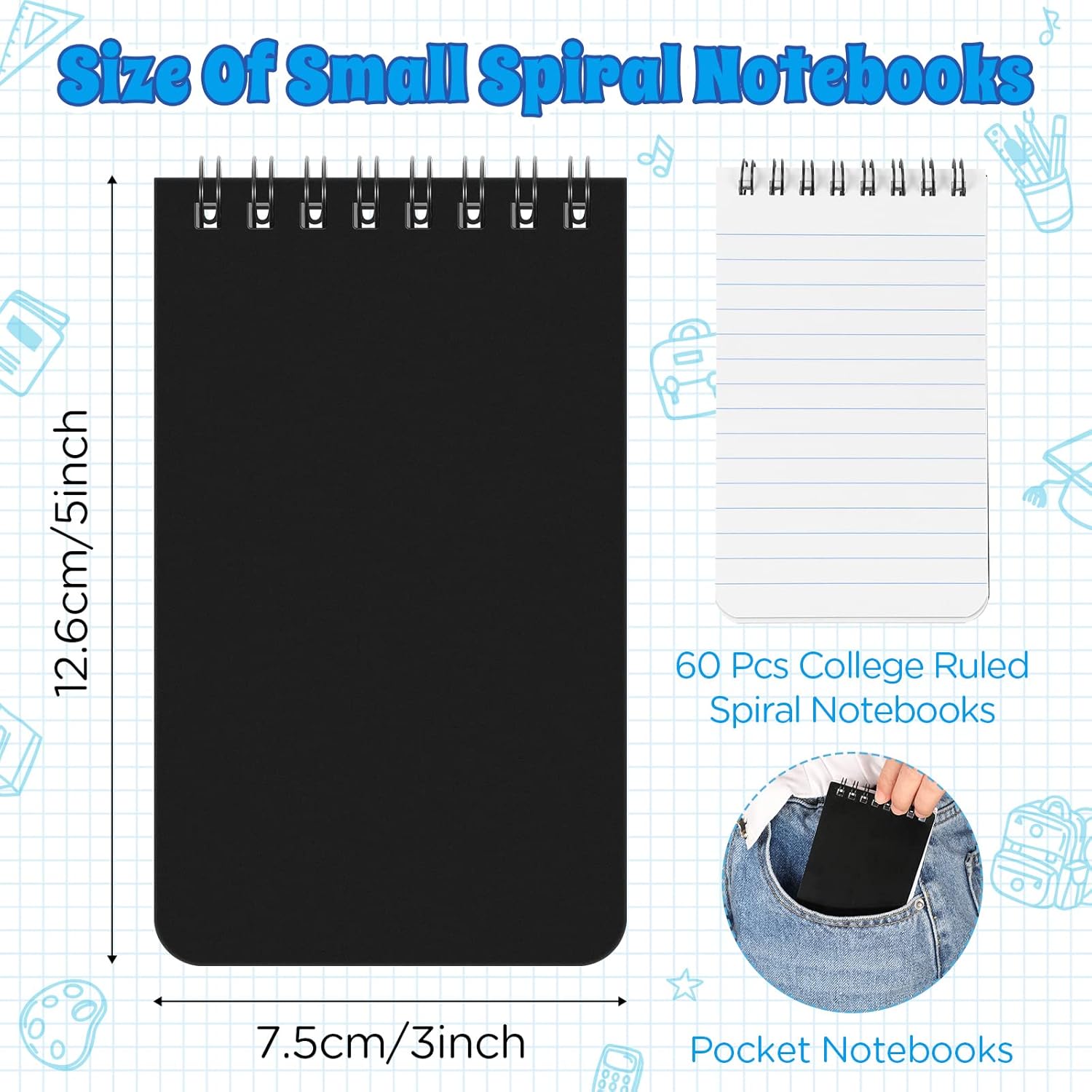 Nuanchu Note Pads 3 x 5'' Spirals Notebook, 60 Sheets Mini Spiral Notepad Top Bound Notebook Memo Pads for Home Office School(Black, 50 Pcs)