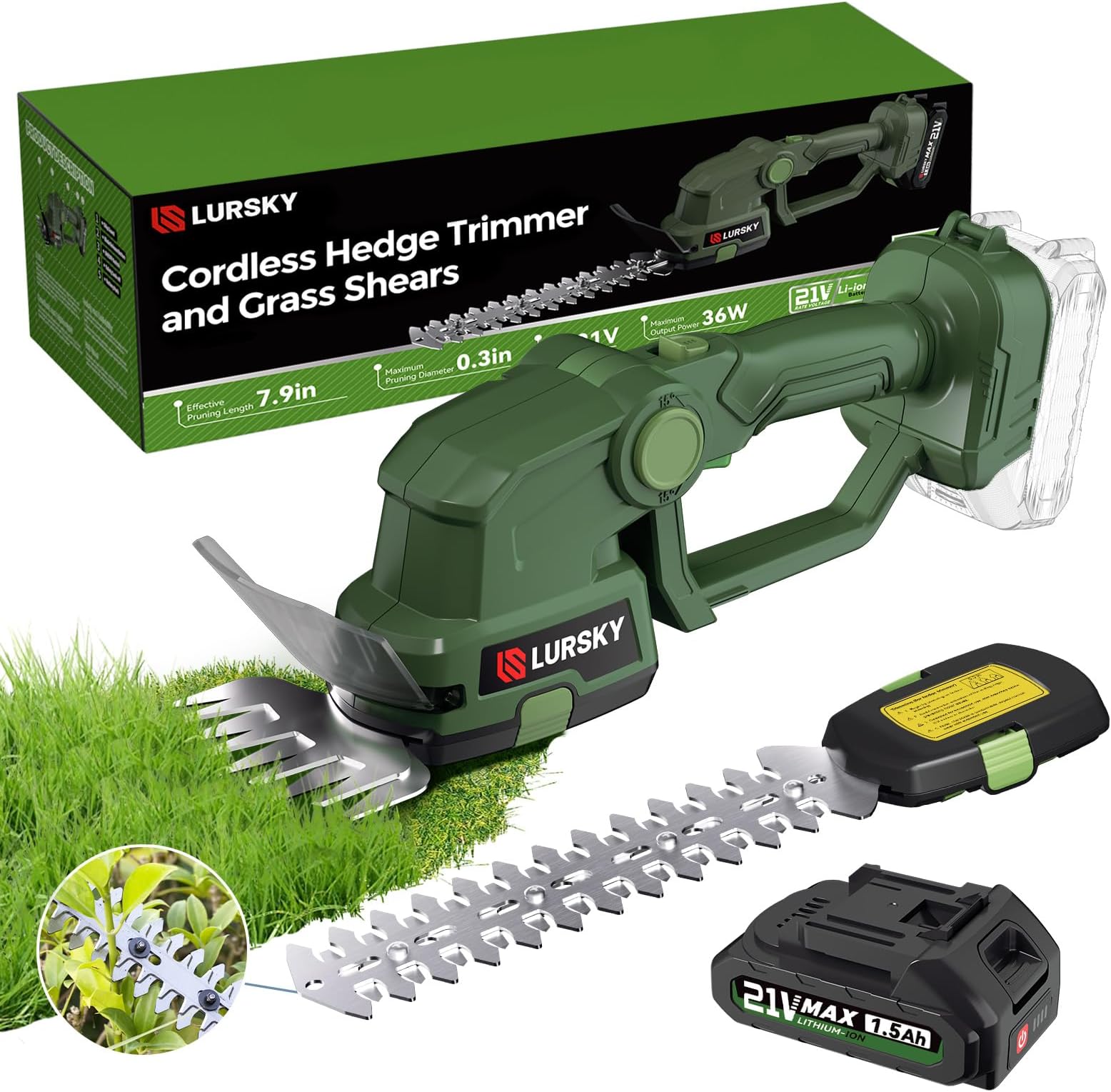 Cordless Hedge Trimmer with Battery - 2-in-1 21V Grass Shears Handheld, Electric Shrub Trimmer Kit for Garden, Yard and Lawn, Charger Included (Forest Green)ClimatePartner certified