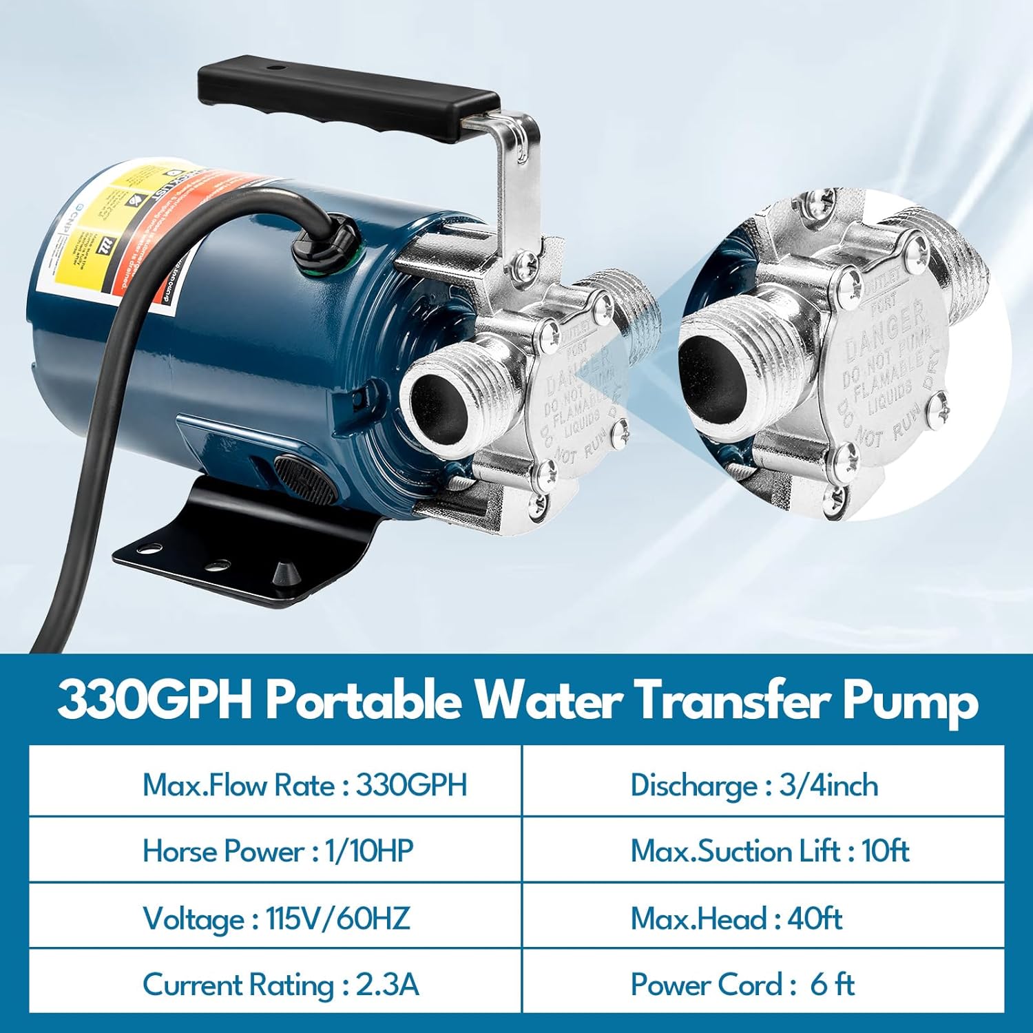 Portable Electric Water Transfer Pump, 115V 1/10HP 330GPH Garden Pump With Suction Hose Kit for Low Suction Pumping from Garden Pool Aquarium Hot Tub Rain Barrel Water Bed