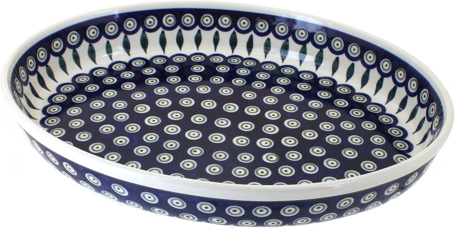 Blue Rose Polish Pottery - Blue Peacock Large Oval Baker - 14" x 10.25" - Unique, Dishwasher Safe, & Durable Bakeware