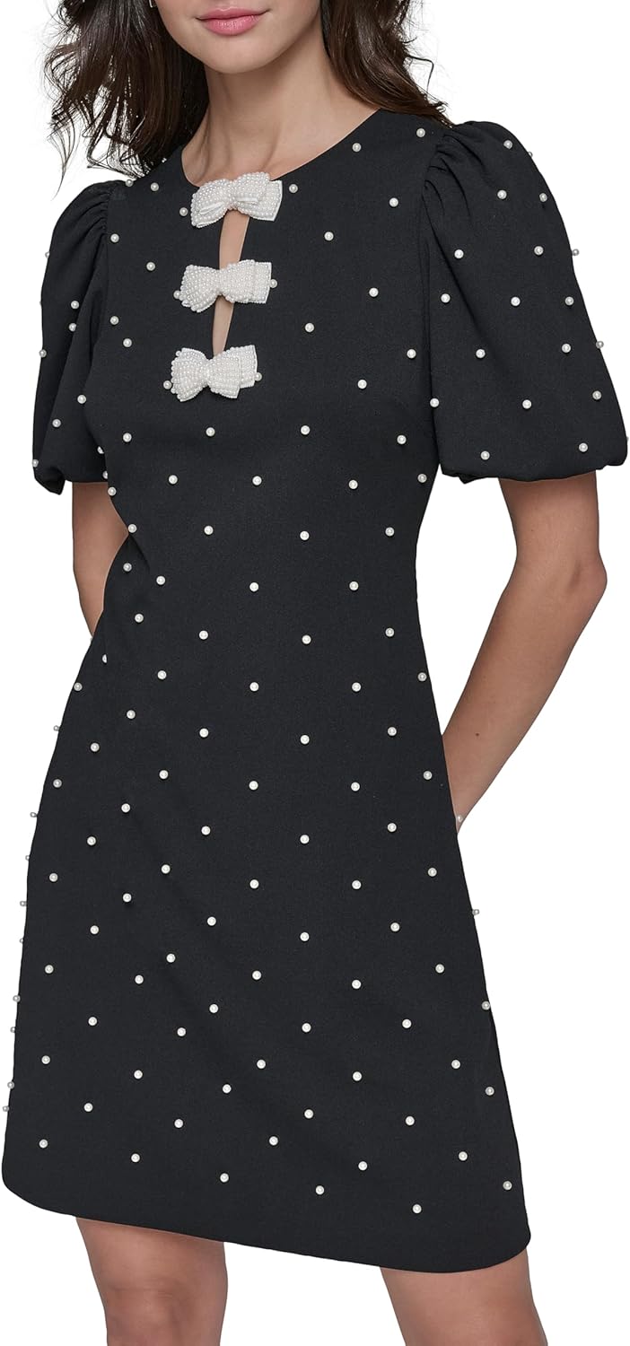 Karl Lagerfeld Womens Puff Sleeve Bow Detailed A-line Mini Dress