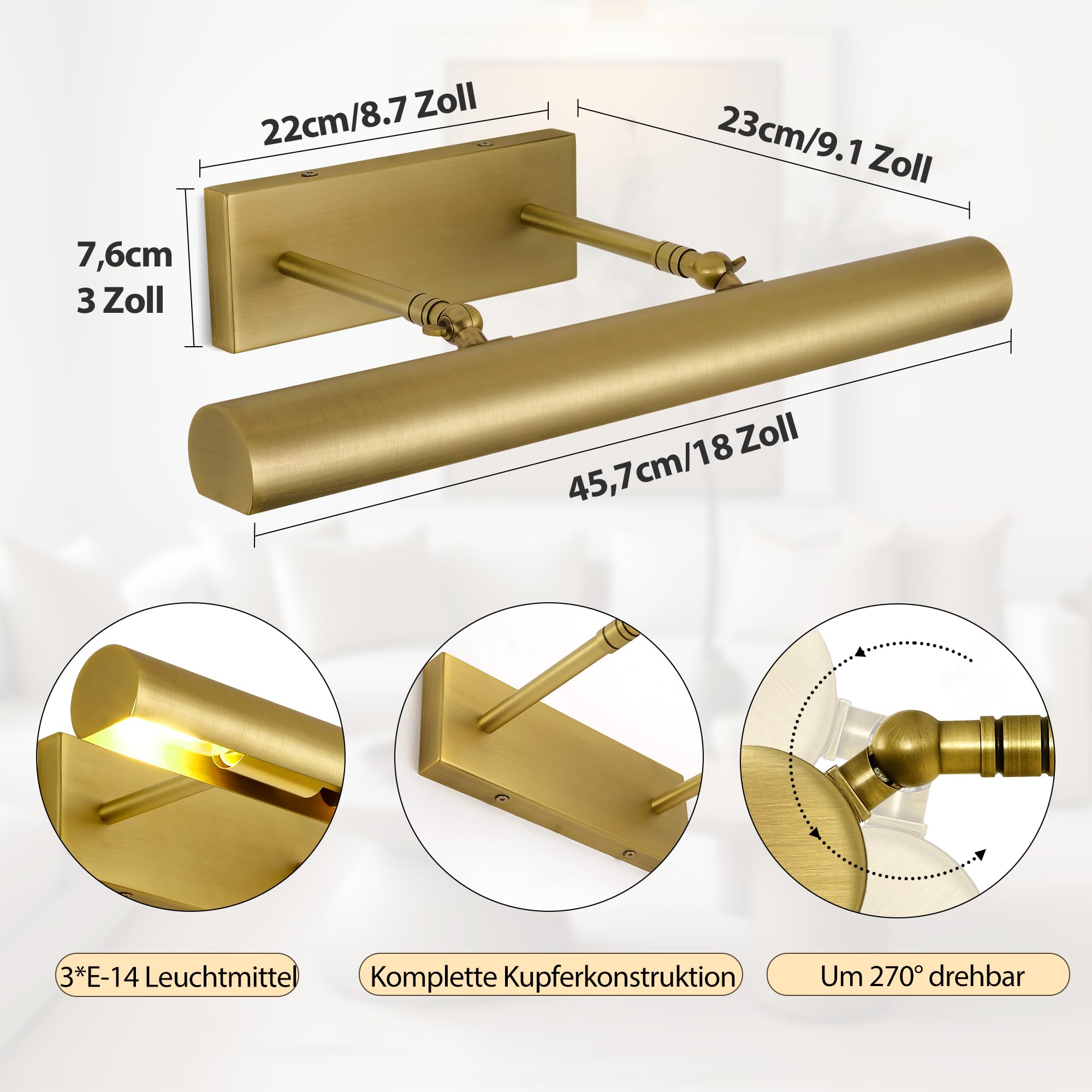 Modern Gold Bilderleuchte,Spiegelleuchte Bad 45.7CM Innen Wandleuchte, Badezimmer Spiegellampe, Bildbeleuchtung für Schlafzimmer, Wohnzimmer, Wand, Dartscheibe, Spiegel