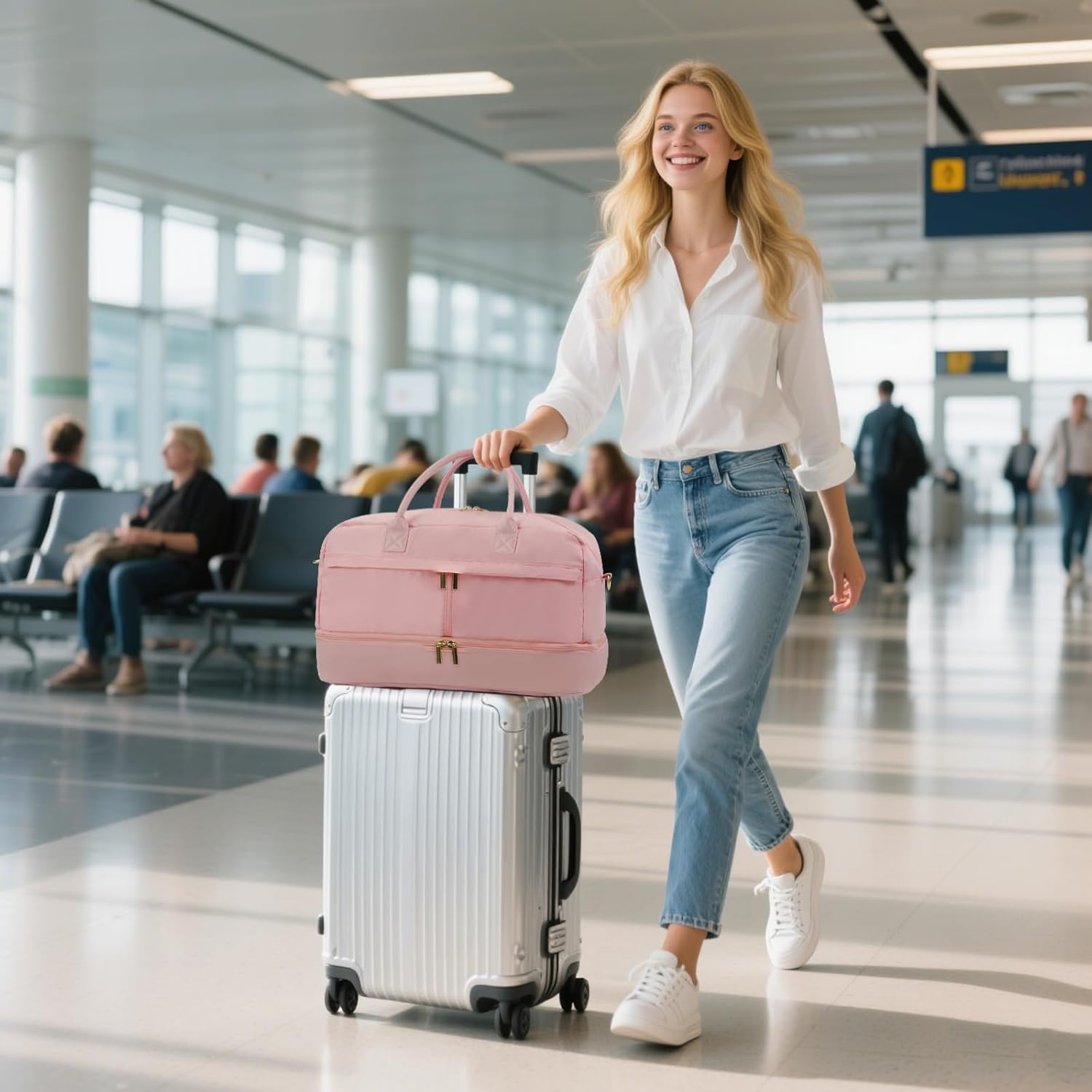 Travel Duffle Bag for Women, Weekender Bag with Shoe Compartment, Carry-On Personal Item, Nylon Gym Tote with Trolley Sleeve, Detachable Adjustable Shoulder Strap, Overnight Travel Tote Bag (Pink) - Image 8