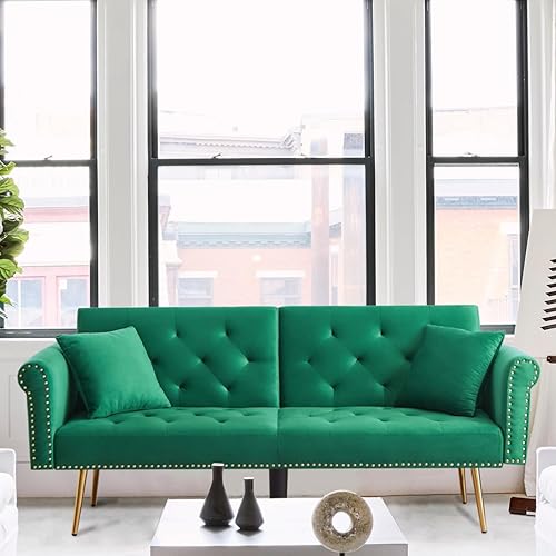 Miniatura 7 de Sofá cama futón de terciopelo, sofá cama plegable convertible con 2 almohadas, sofá biplaza reclinable copetudo de 73 pulgadas con patas de metal