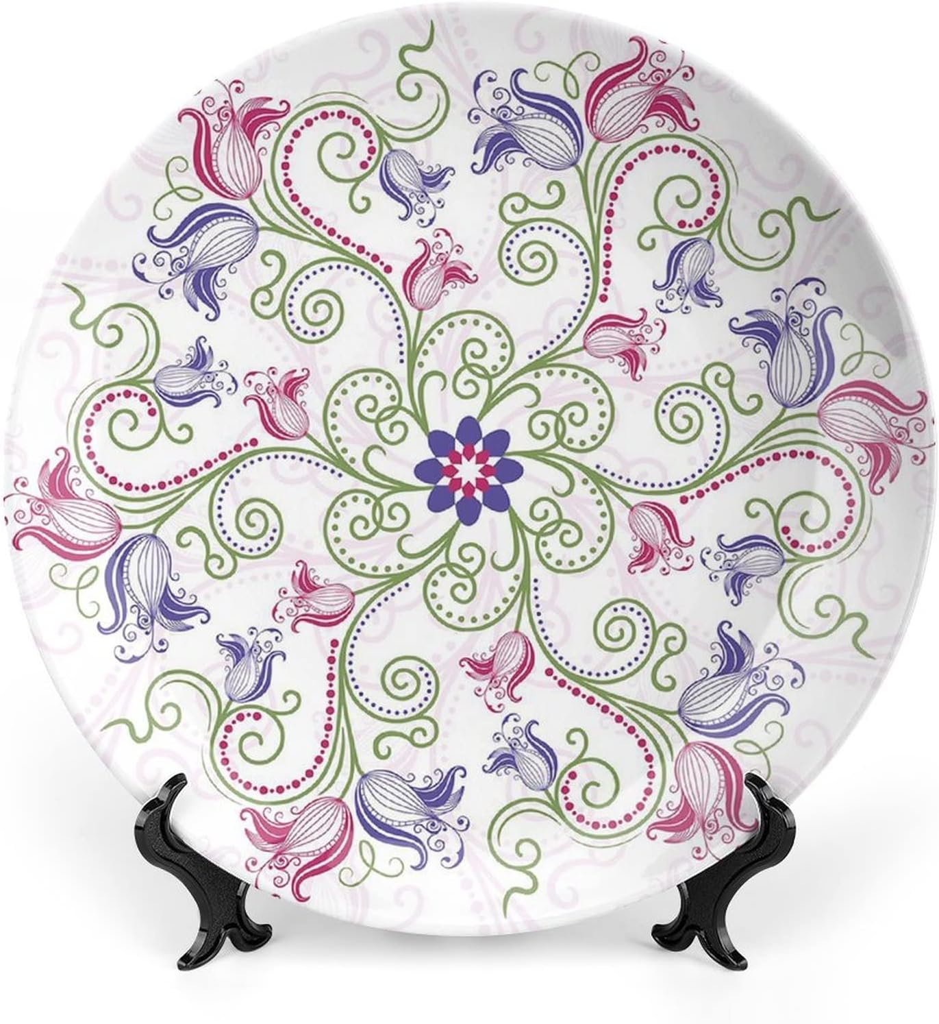 XISUNYA 7 Inch Decorative Plate, Purple Mandala Tableware Plate, Classic Shabby Chic with Eastern Swirled Tulip Flowers Print Ceramic Wall Hanging for Home Office Party Dinner Table Decor