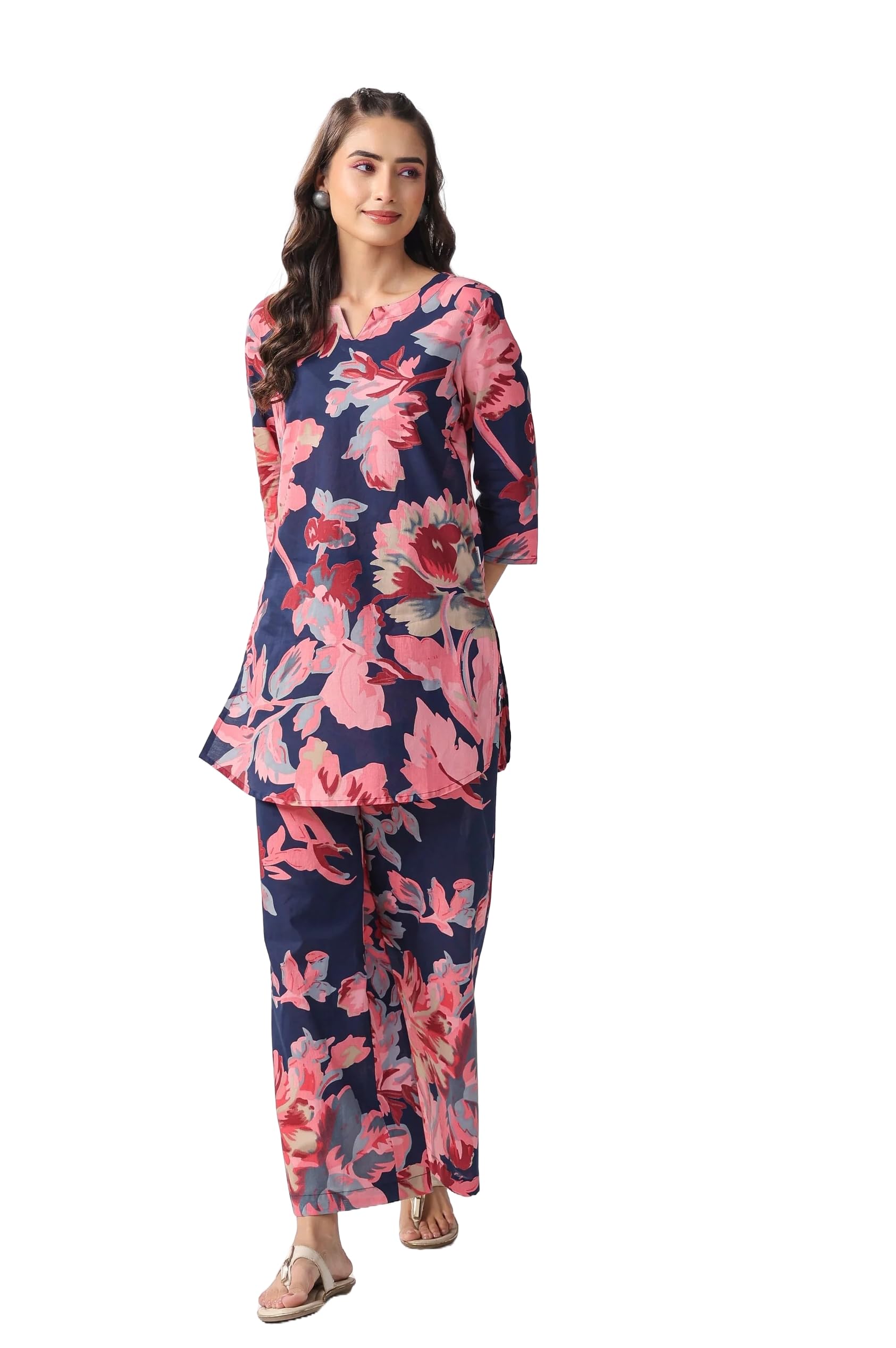 Nermosa Women's Rayon Blend Co-Ords Set For Women | Kurta Sets | Kurta Pant Set | Coordinate Set | Summer Suit | Printed Kurti With Pant Set (Large, Pink)