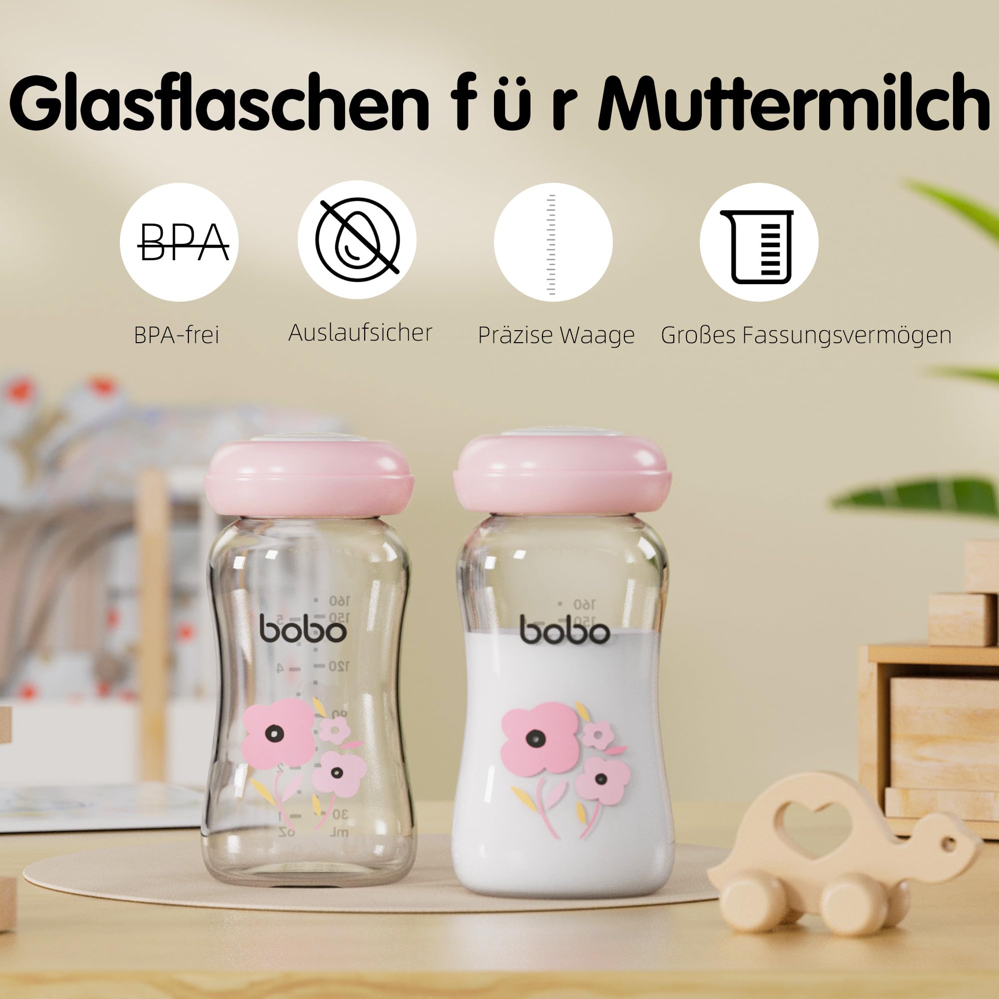 YOHKOH Botellas de cristal premium para leche materna, 4 x 160 ml, para almacenamiento seguro de leche materna, apto para lavavajillas, congelador y microondas (4 unidades, 160 ml), color rojo, 160 ml