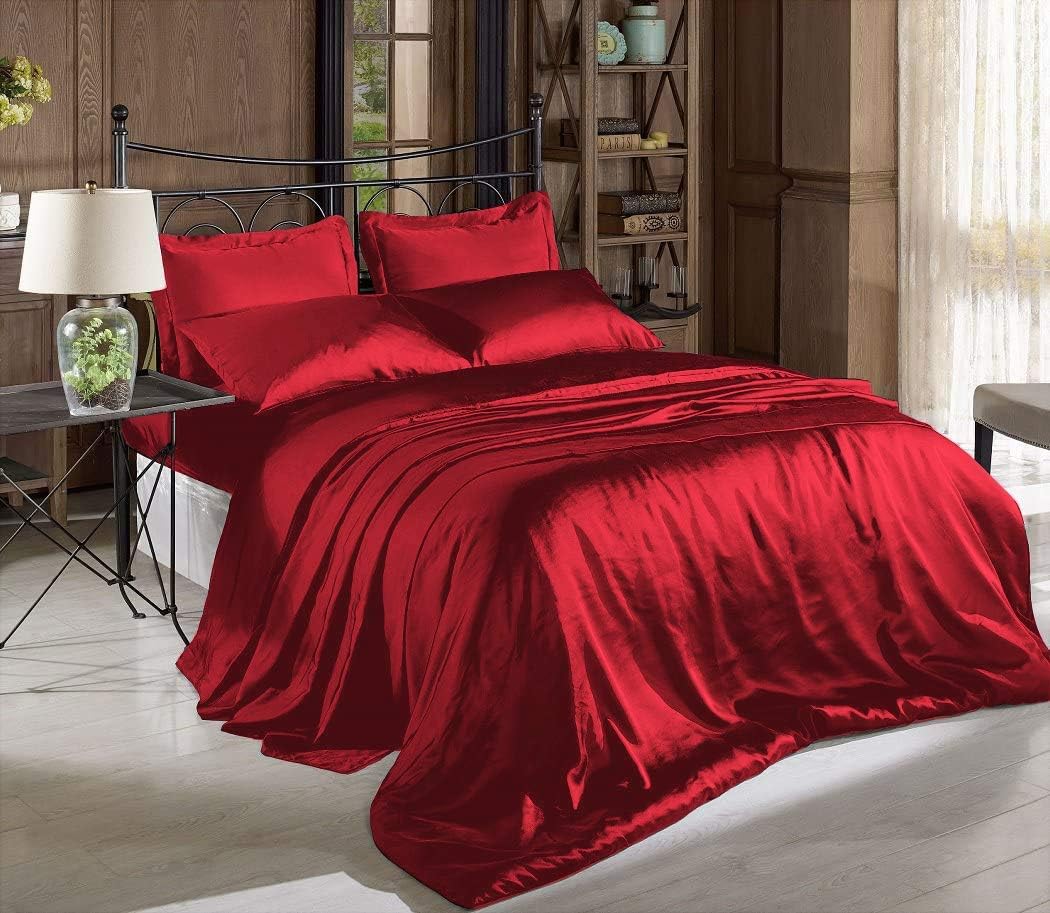 Satin 4 Pcs Bed California King Sheet Set 12 Inch Deep Pocket Satin Black Duvet Cover Soft Silky