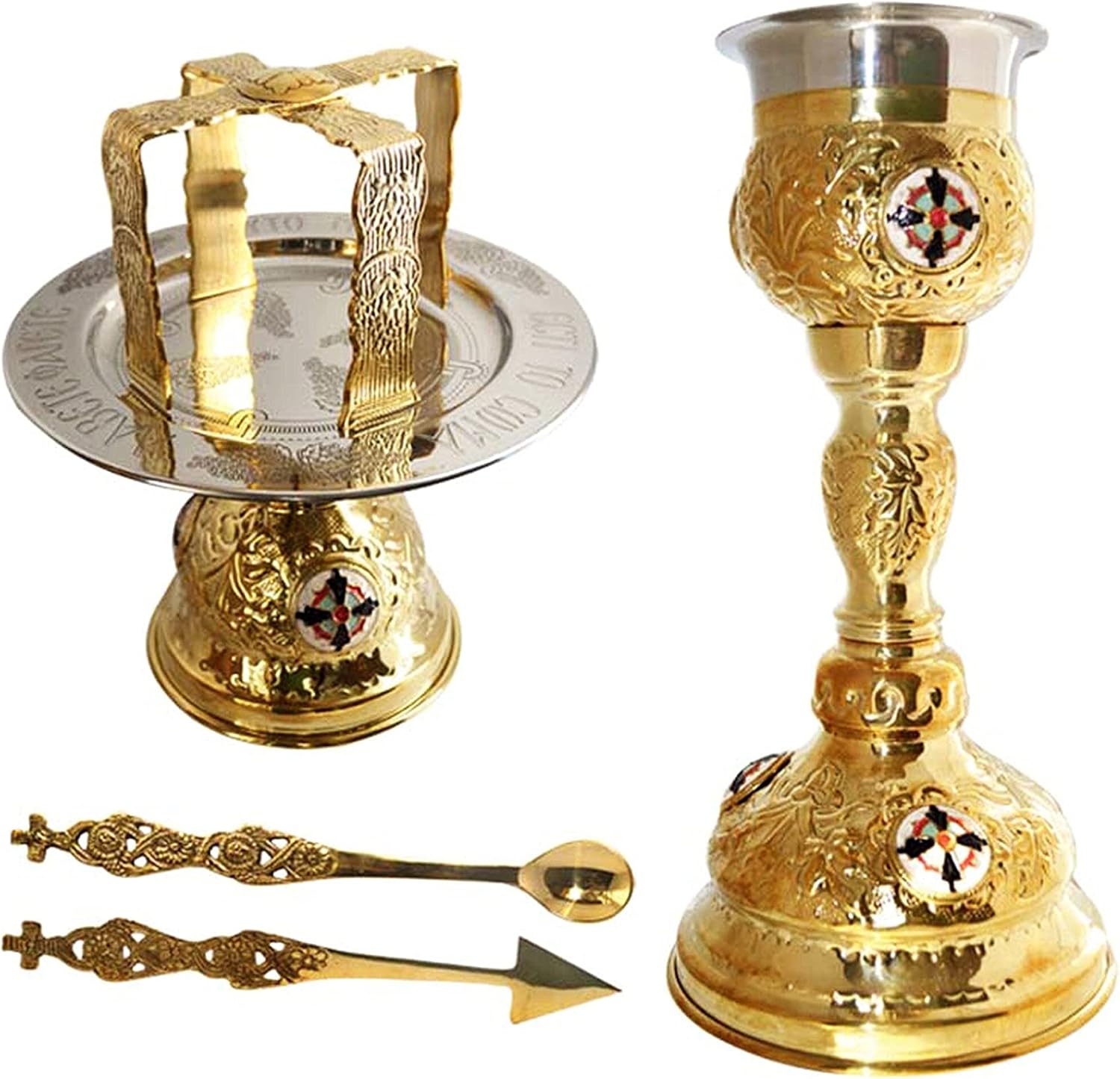 Handmade Church Altar Holy Communion Gold Plated Brass Holy Chalice Grail Set with Holy Disk Asterisk Holy Spear Holy Tongs Religious Gift