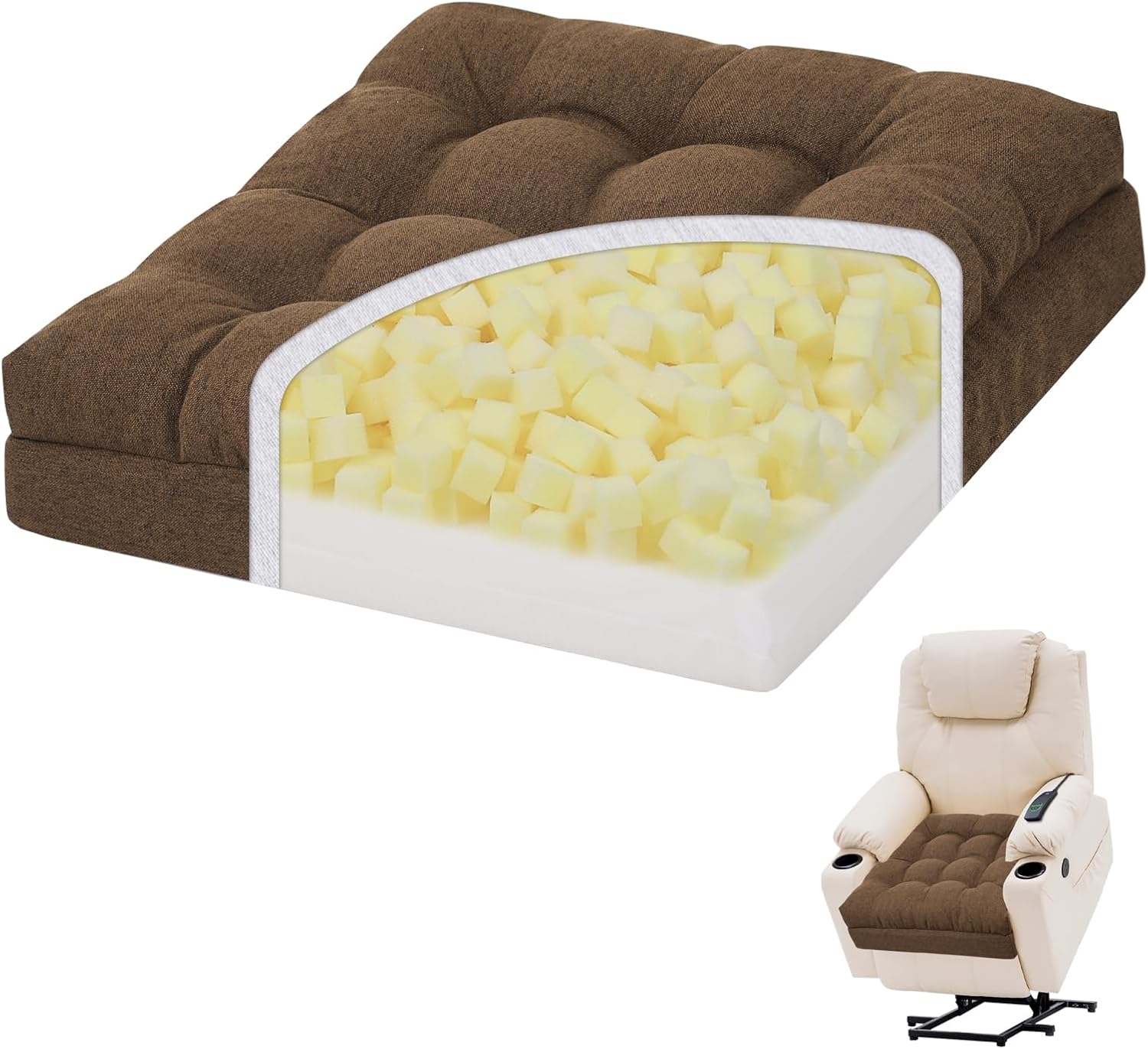 baibu Large Memory Foam Recliner Cushions for Elderly, 20x20x5 Inch Thick Dual-Layer Patent Design Non-Slip Recliner Seat Cushion for Couch for Easy to Stand Up & Reduce Hip & Lumbar Pain, Brown