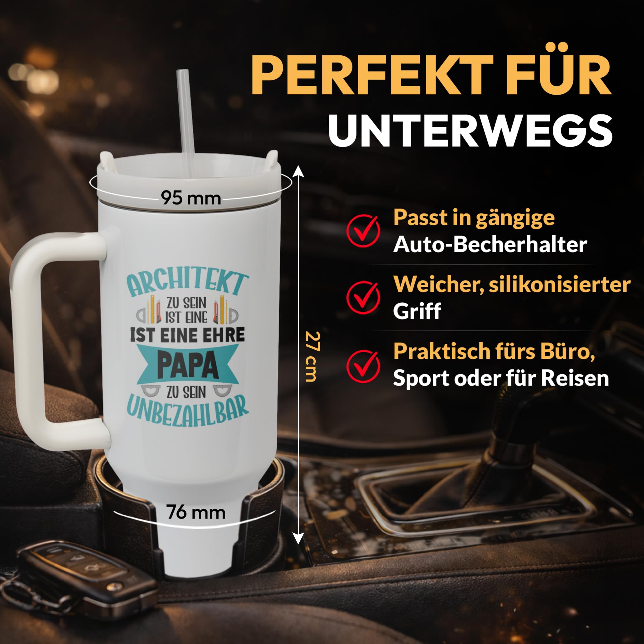 XXL Thermobecher für Papa & Architekten – Geschenk zum Vatertag & Geburtstag – Edelstahl Trinkflasche, Weiß mit Architekt Papa Spruch (WIEDERVERWENDBAR)