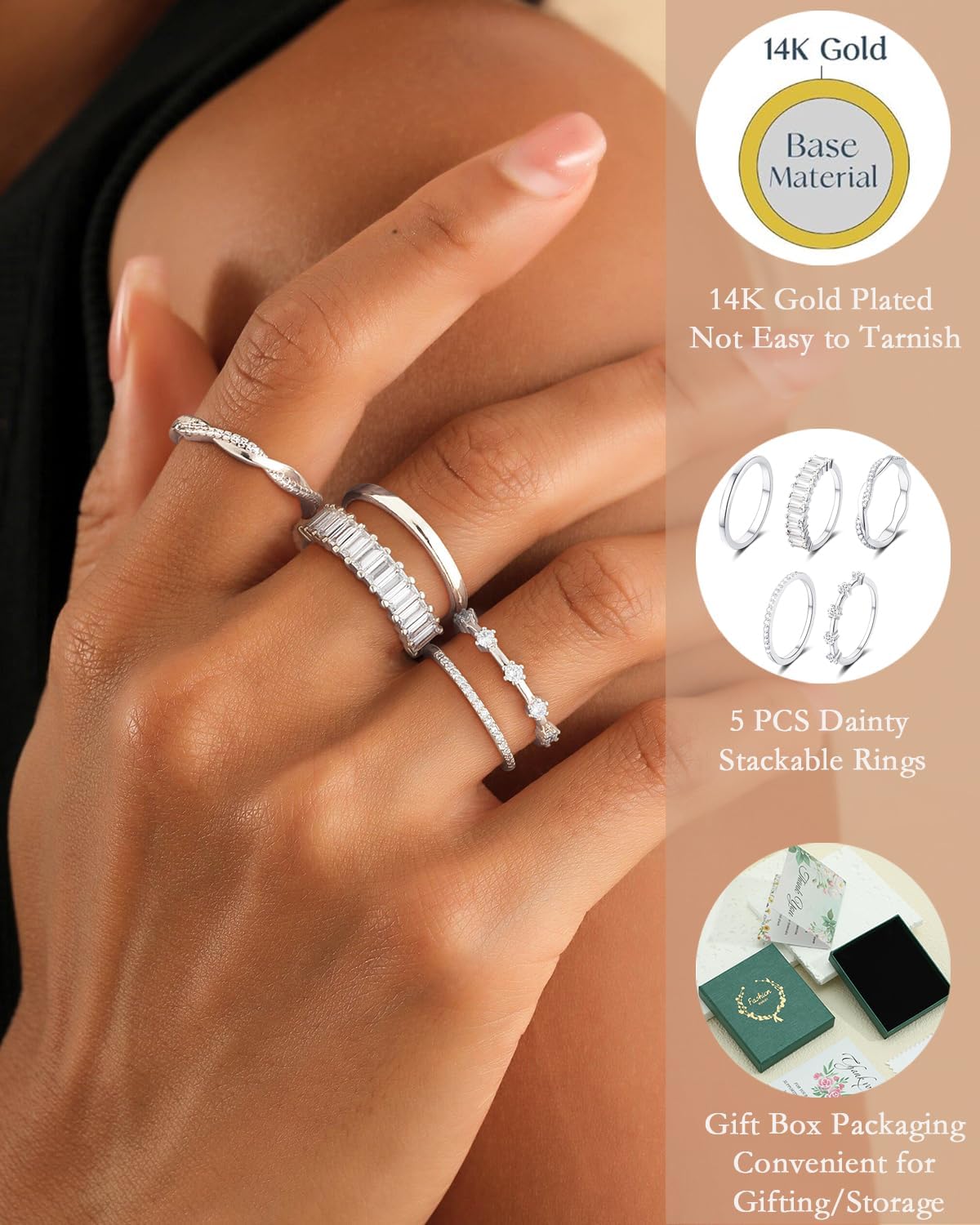 Stackable Silver/Gold Rings for Women Non Tarnish Trendy Dainty 14K Gold Plated Stacking Cubic Zirconia Thumb Ring Set Minimalist Promise Wedding Bands Engagement Rings for Women Size 6-10 - Image 2