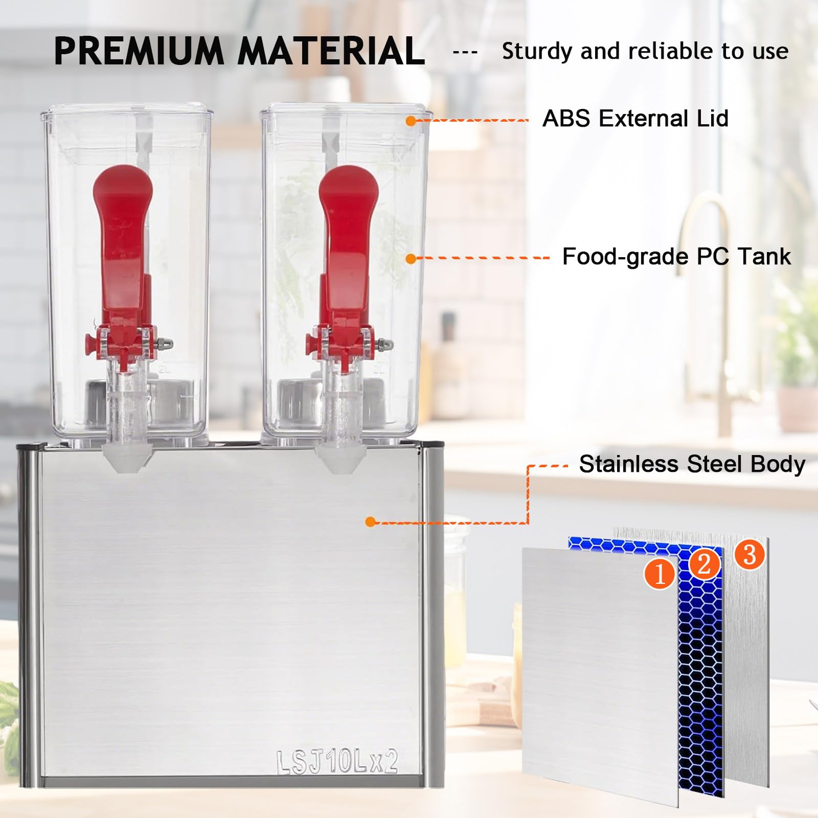 Distributore commerciale di succhi con termostato, dispenser per bevande in acciaio inox, per caffè, ristorante, bar, tè freddo e bevande fredde, 5 galloni