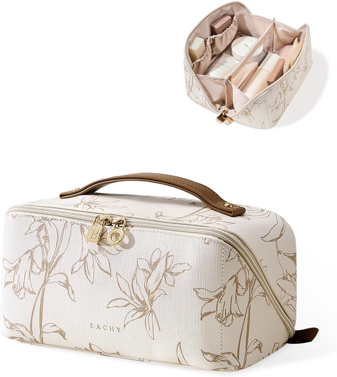 EACHY Travel Makeup Bag, Large Capacity Cosmetic Bags for Women, Waterproof Portable Pouch Open Flat Toiletry Bag Pattern Make up Bag (F-Beige) EACHY Travel Makeup Bag, Large Capacity Cosmetic Bags for Women, Waterproof Portable Pouch Open Flat Toiletry Bag Pattern Make up Bag (F-Beige)